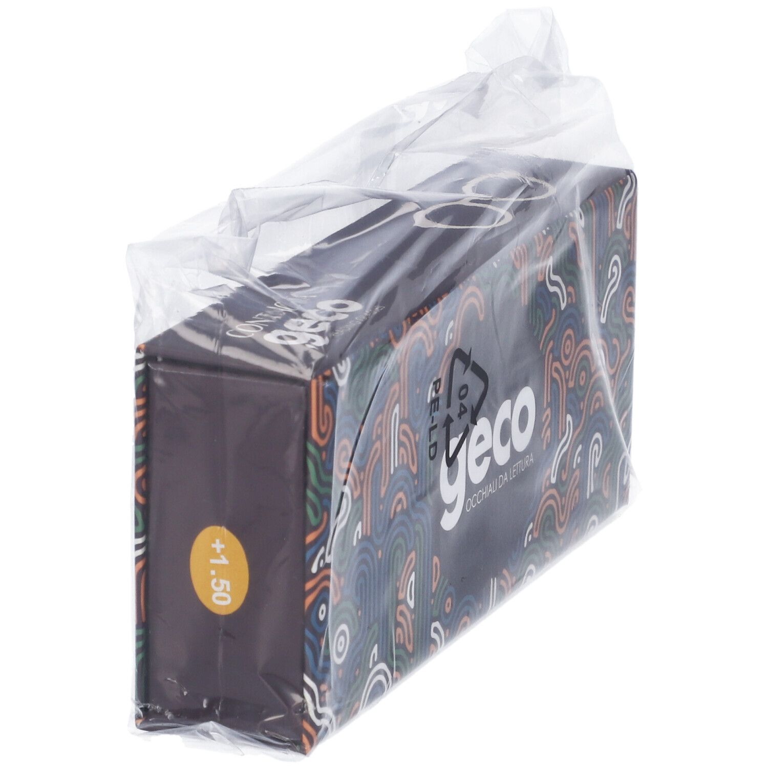 Vista laterale della confezione CONTACTA GECO CARAMELLO +1,50. Scatola rettangolare in plastica. Adesivo +1,50.