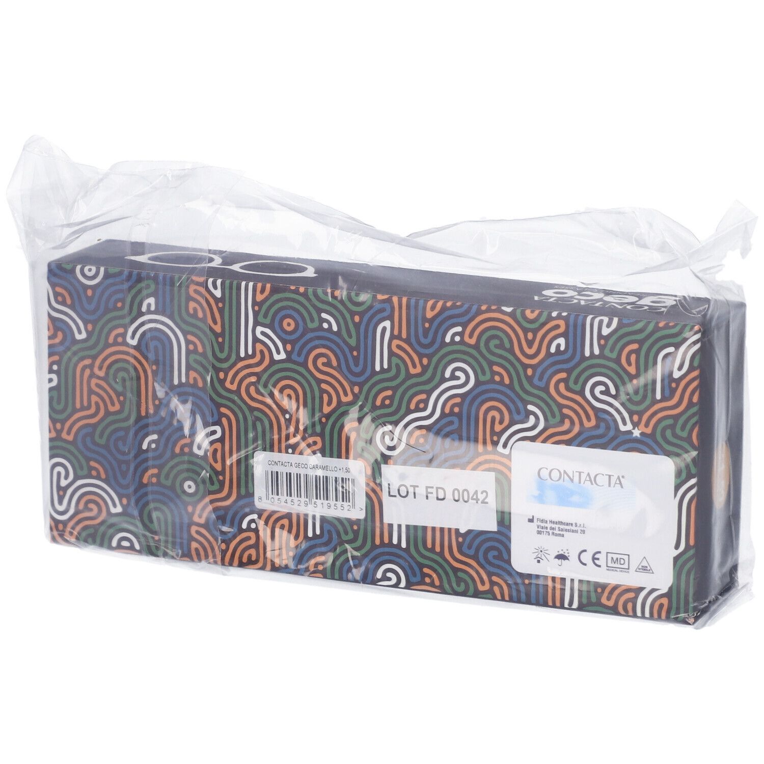 Confezione CONTACTA GECO CARAMELLO +1,50. Scatola rettangolare in plastica. Codice a barre, numero di lotto e marchio CE.