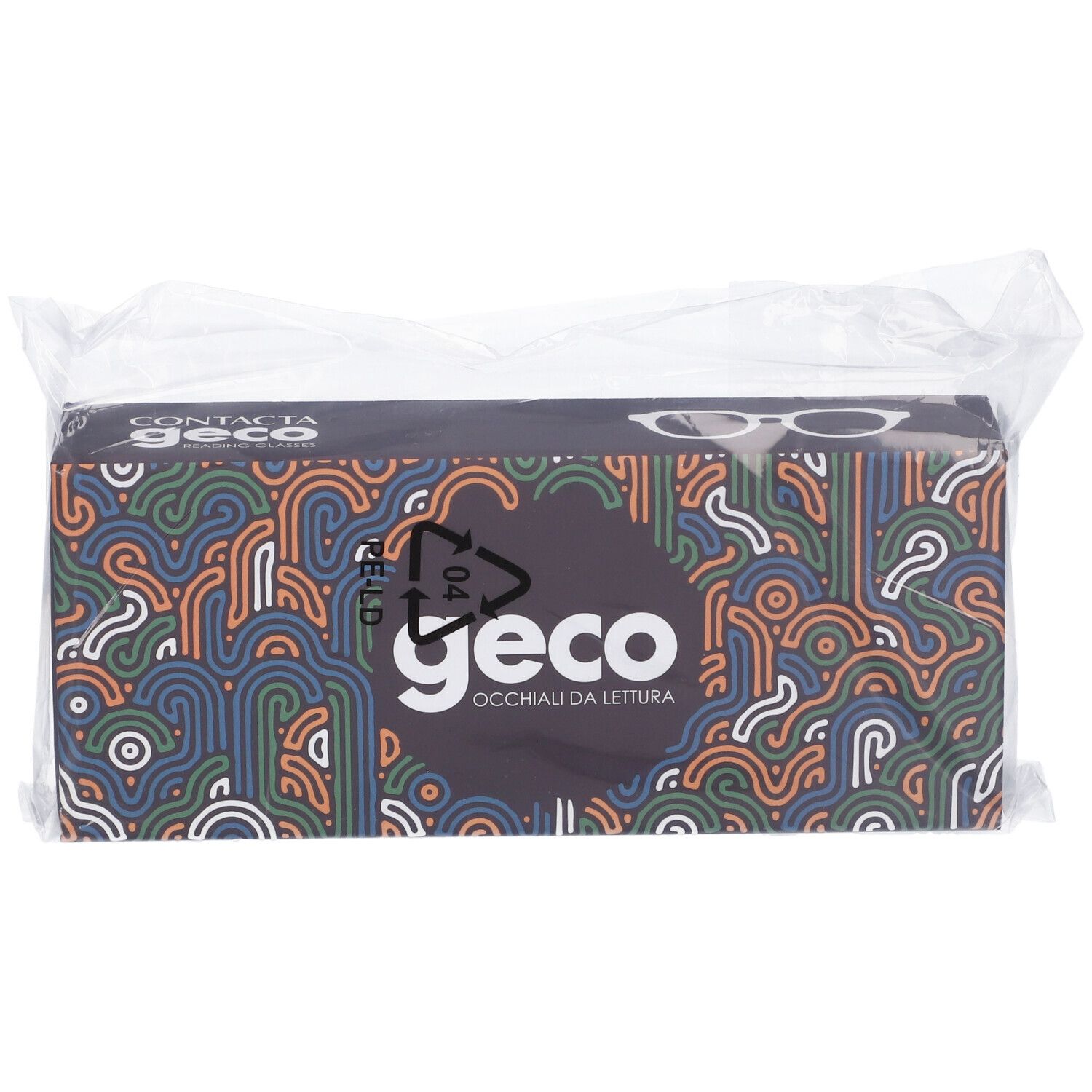 Confezione CONTACTA GECO CARAMELLO +1,50. Scatola rettangolare in plastica. Logo e motivi sulla confezione.