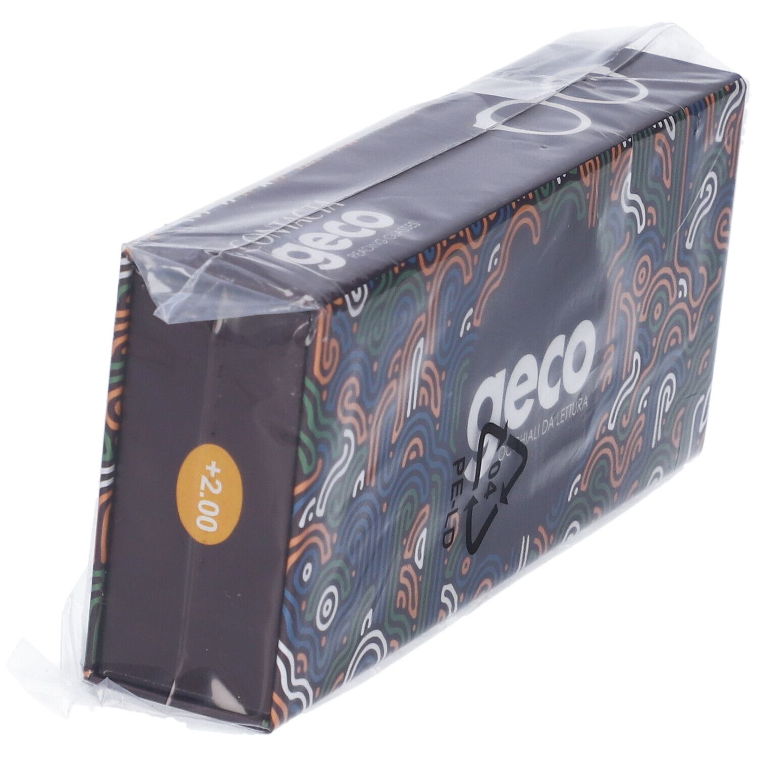Scatola di occhiali Geco confezionata. Etichetta +2,00. Scritta: Occhiali da lettura.