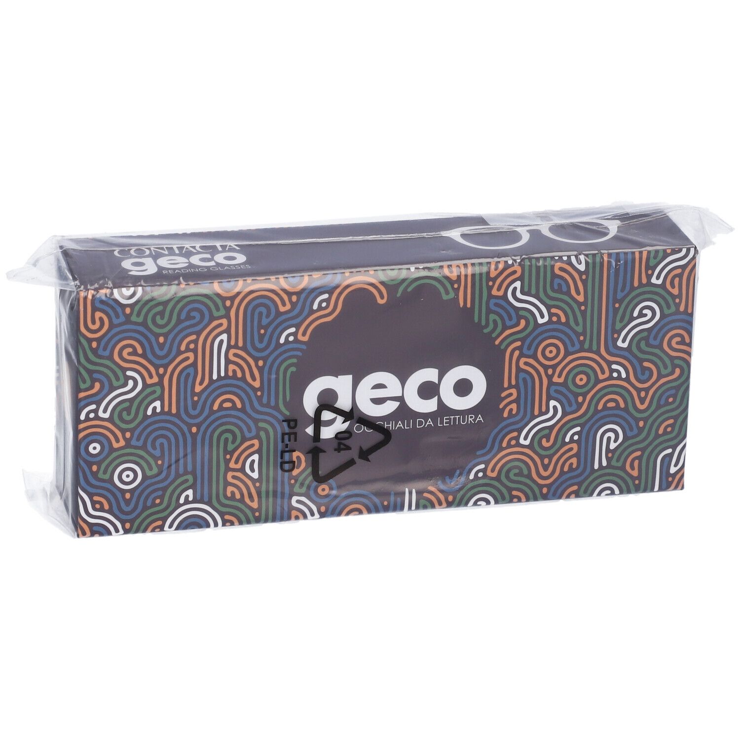 Confezione di occhiali Geco, in plastica trasparente. Scritta: Occhiali da lettura.