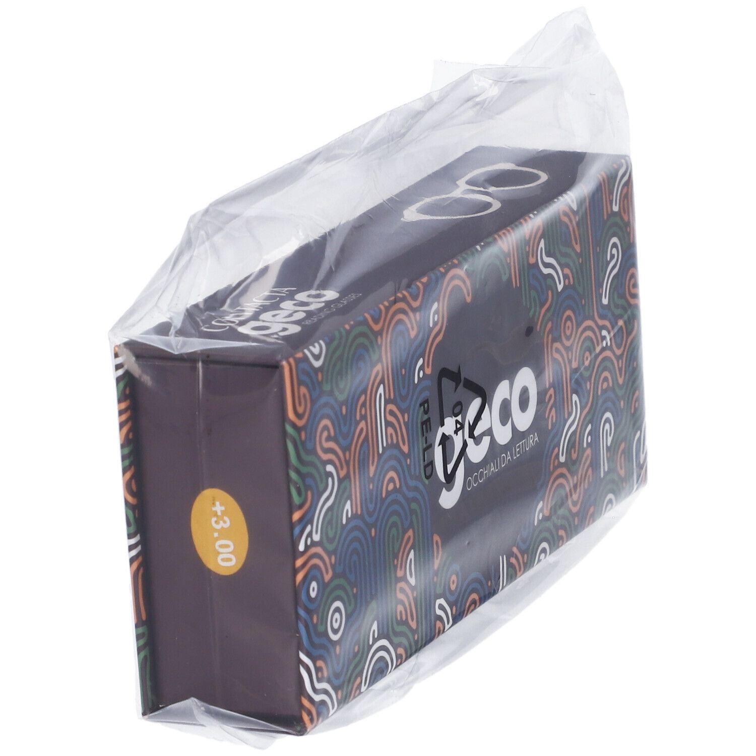 Confezione di occhiali GECO con etichetta +3.00. Scritta "OCCHIALI DA LETTURA" visibile.