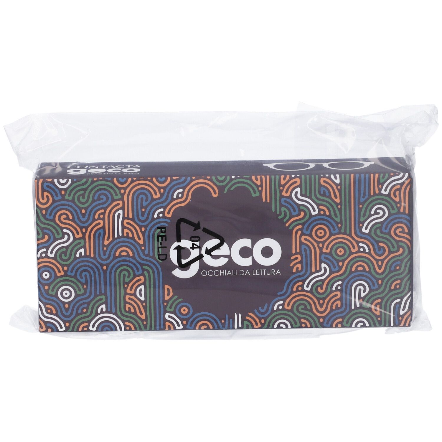 Confezione di occhiali GECO in plastica. Scritta "OCCHIALI DA LETTURA" visibile.