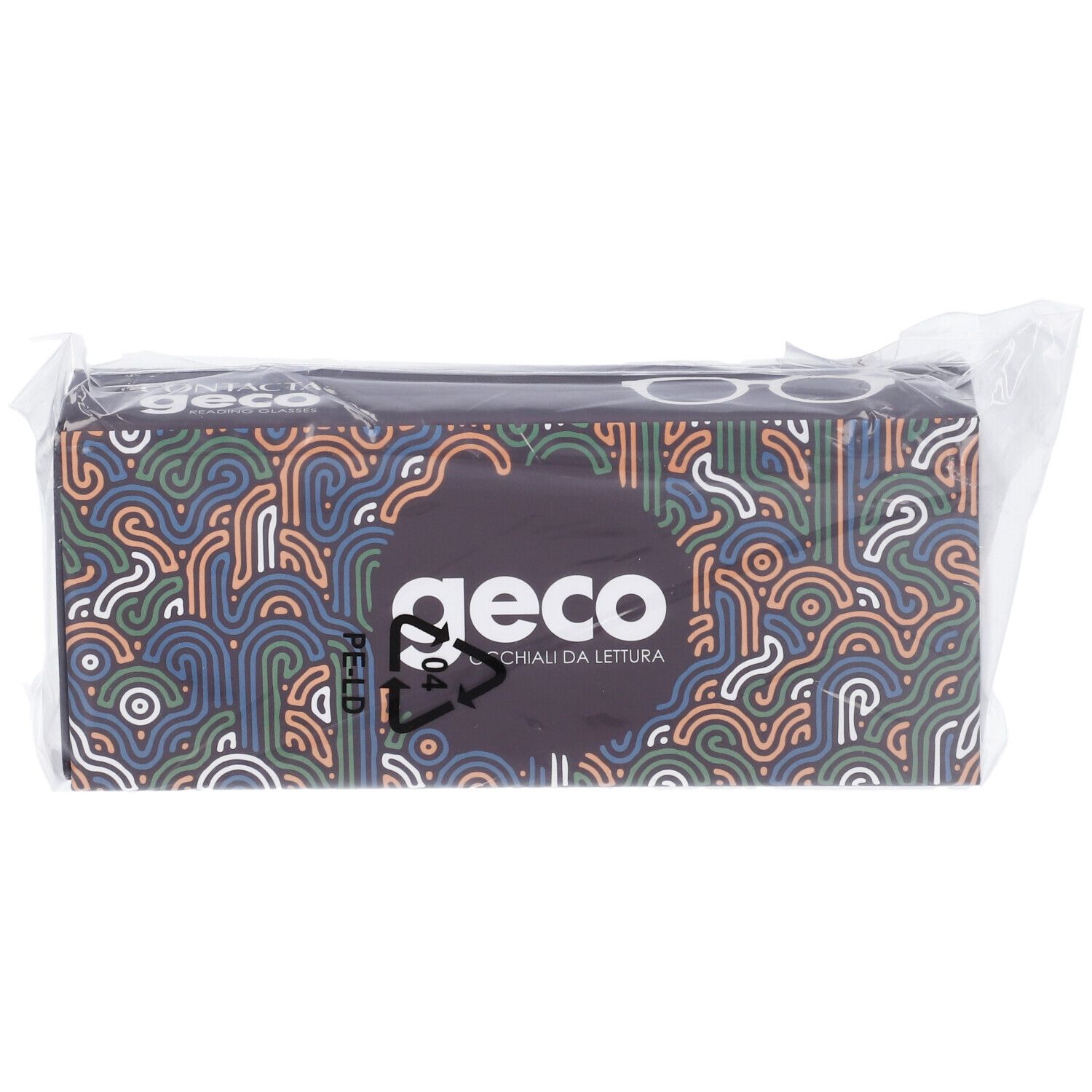 Confezione di occhiali. Scritta "geco". Confezionato in plastica. Motivo a linee colorate.