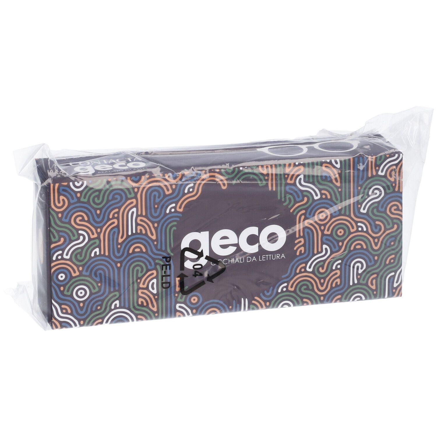 Confezione di occhiali. Scritta "geco". Confezionato in plastica. Motivo a linee colorate.