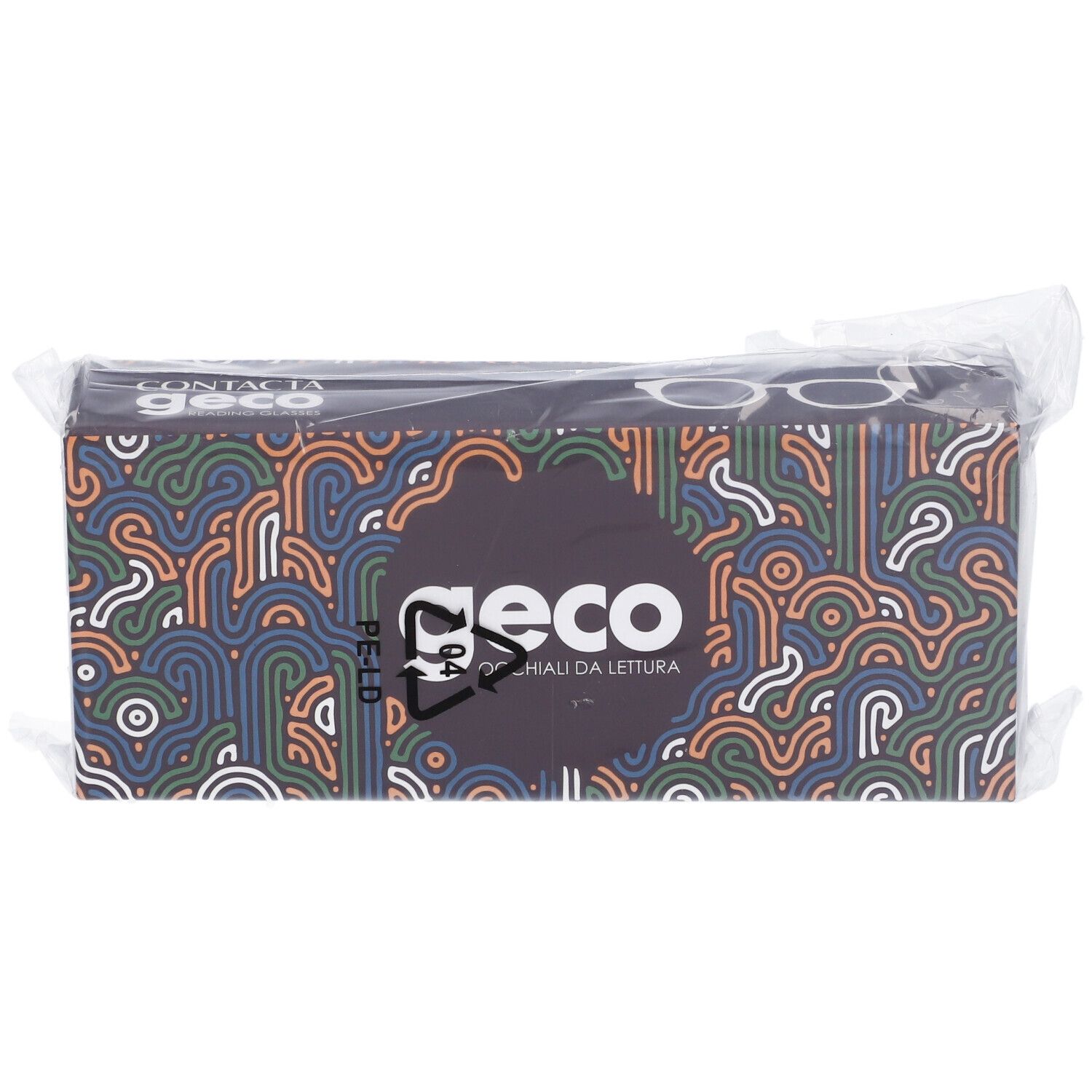 Confezione di occhiali Geco, motivo colorato, avvolta in plastica.