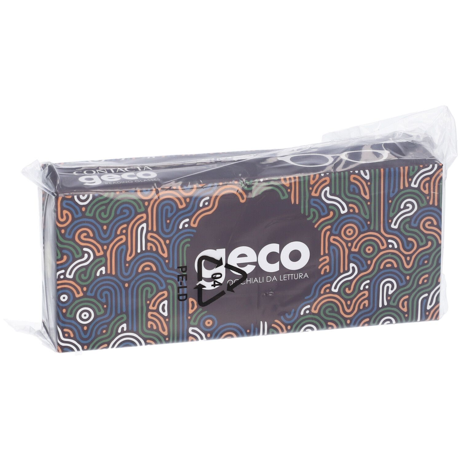 Confezione di occhiali Geco, motivo colorato, avvolta in plastica.