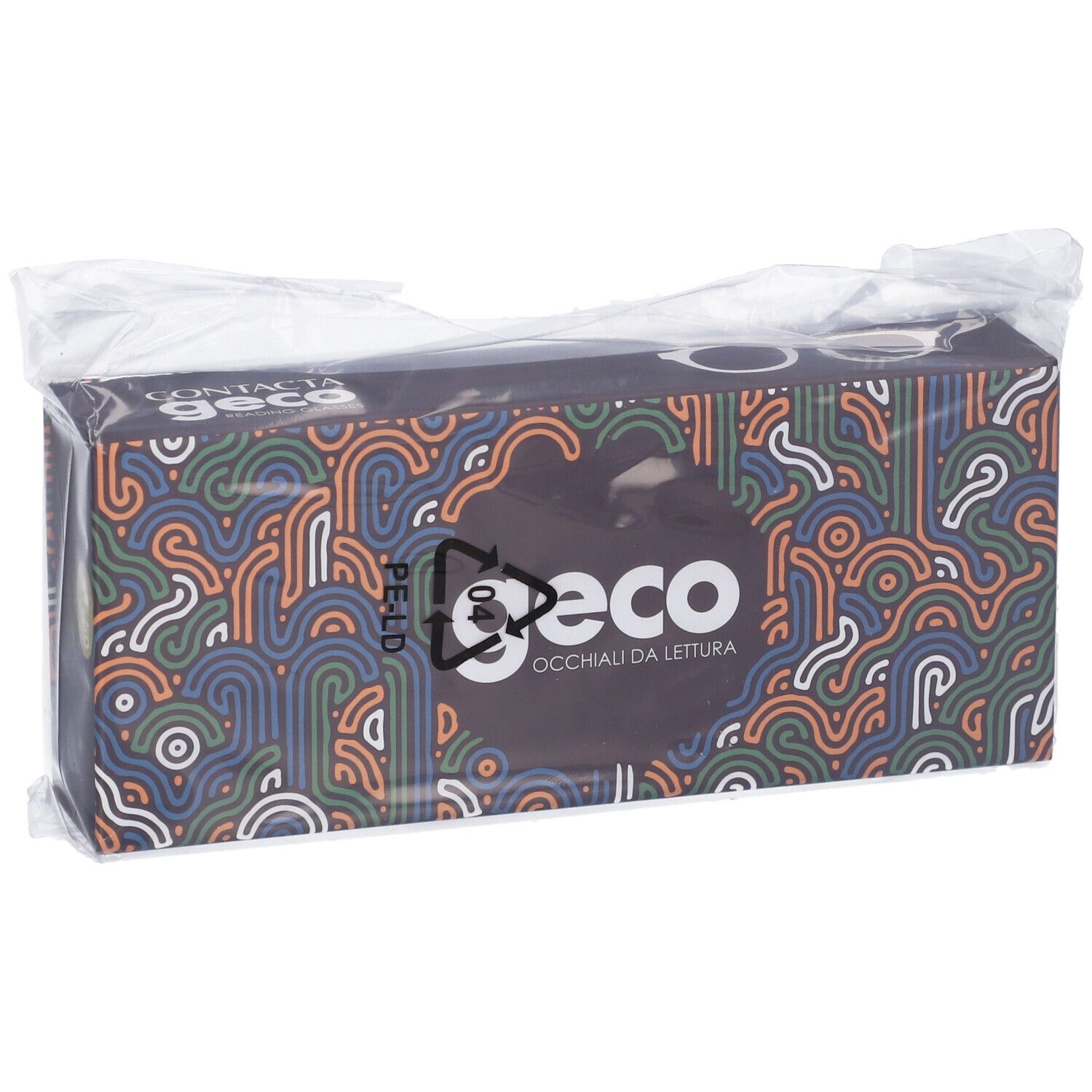 Confezione di occhiali Geco Occhiali da lettura, avvolta in plastica trasparente.