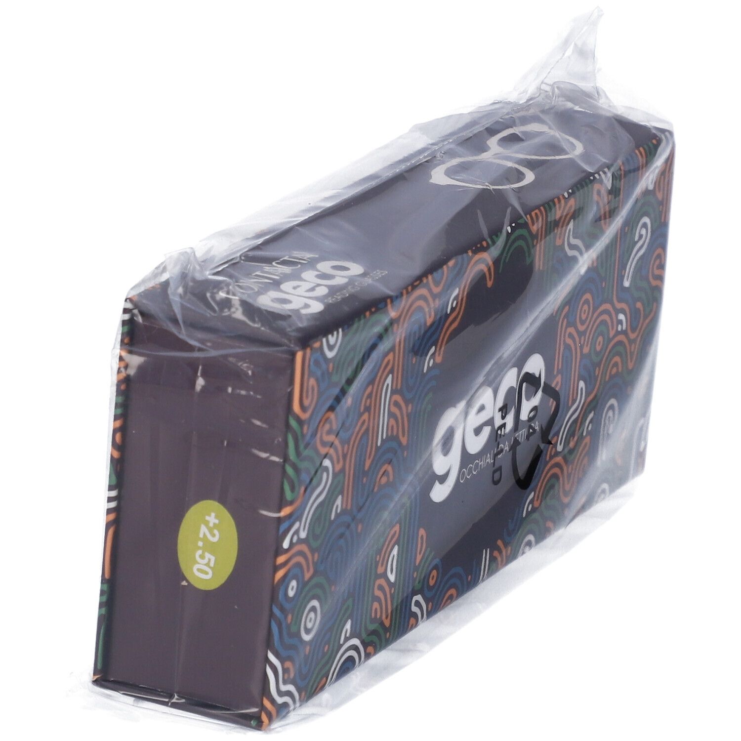 Confezione CONTACTA GECO. Scatola nera con motivo colorato. Adesivo +2,50. Logo GECO.