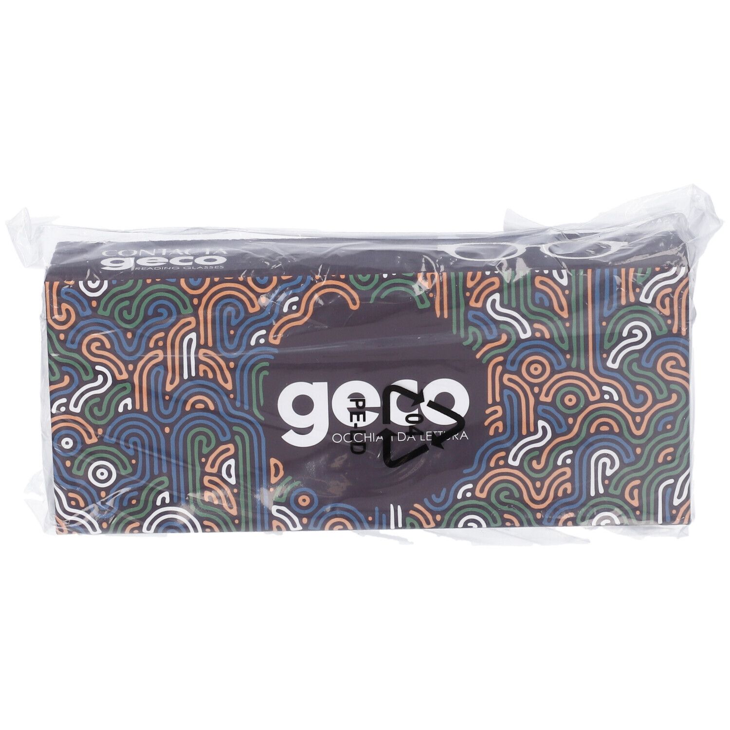 Confezione "geco" in plastica. Motivo a linee colorate. Scritta "OCCHIALI DA LETTURA". Logo "geco".