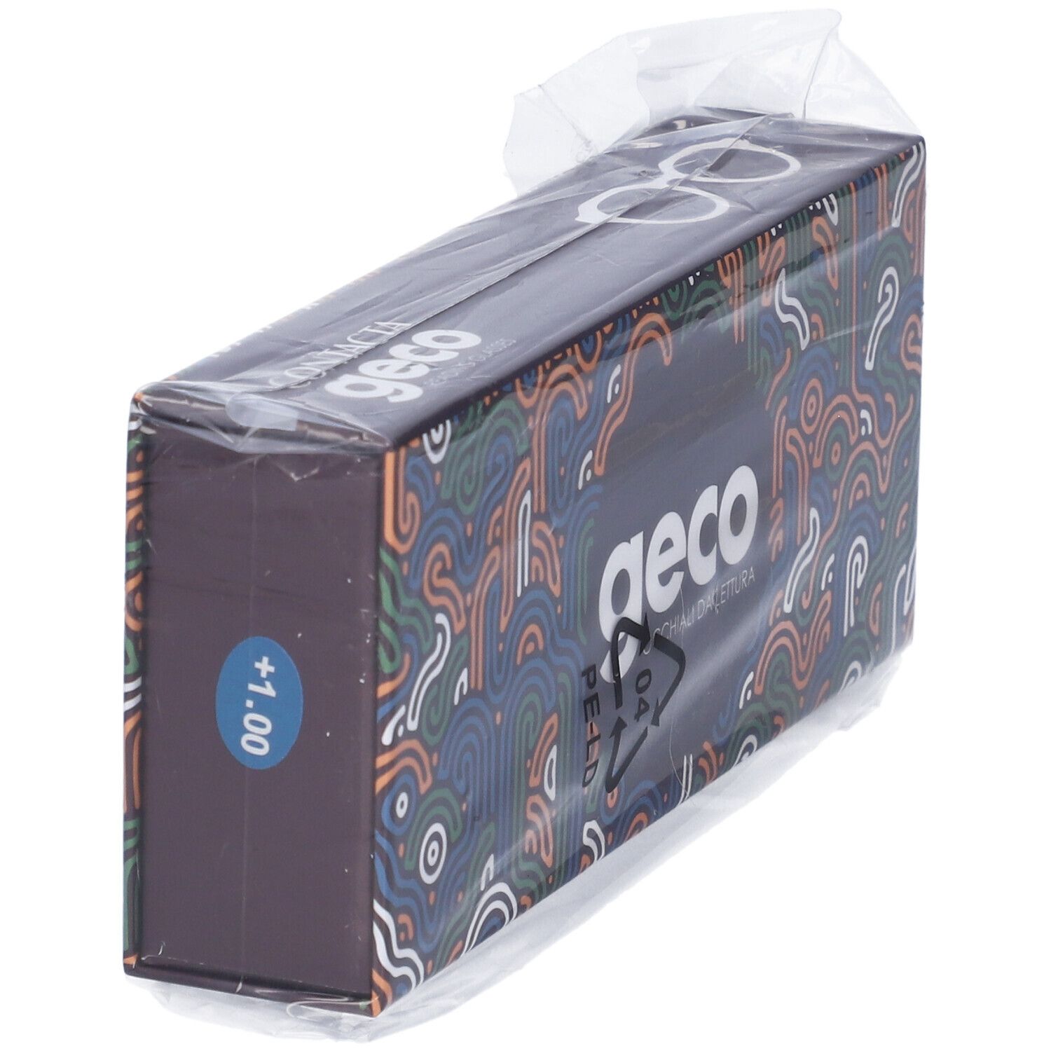 Confezione di occhiali da lettura Geco, in confezione di plastica. Scatola nera con motivo colorato. Scritto Geco, +1.00.