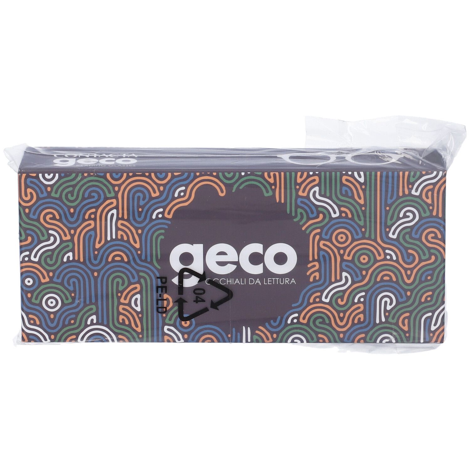 Confezione di occhiali da lettura Geco, in confezione di plastica. Scatola nera con motivo colorato. Scritto Geco, Occhiali da lettura.
