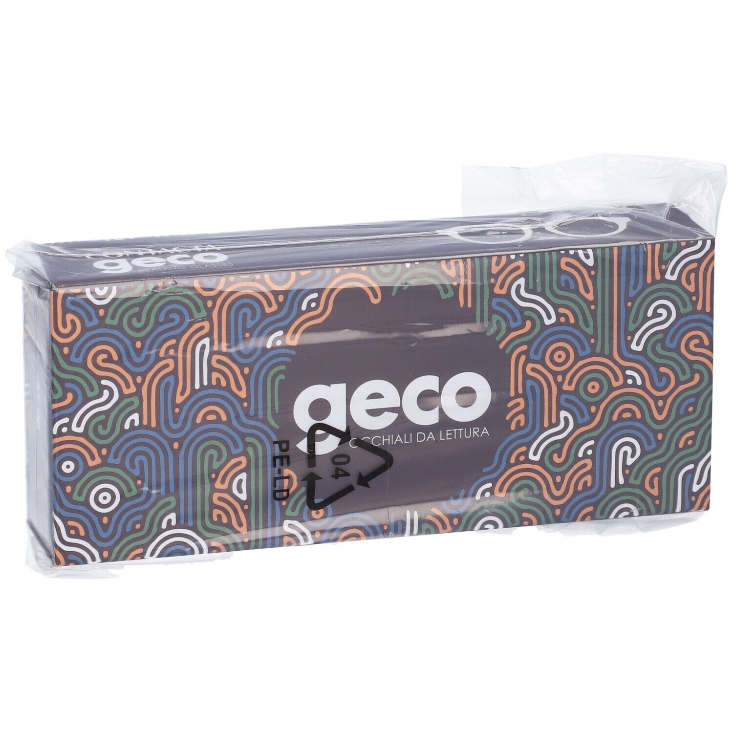 Confezione di occhiali da lettura Geco, in confezione di plastica. Scatola nera con motivo colorato. Scritto Geco, Occhiali da lettura.