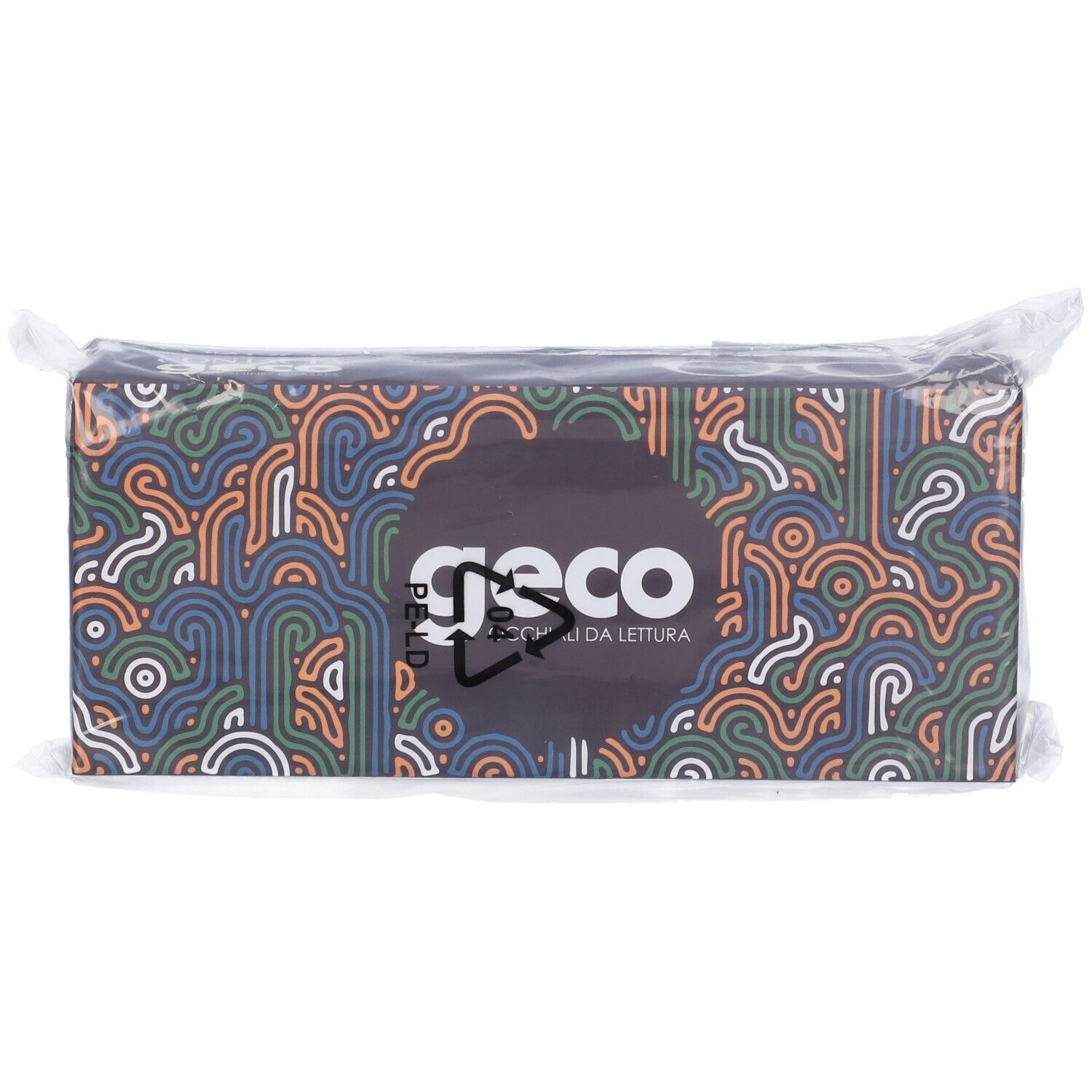 Confezione Geco con motivo colorato. Imballaggio in plastica trasparente. Scritta "Geco Occhiali da lettura".