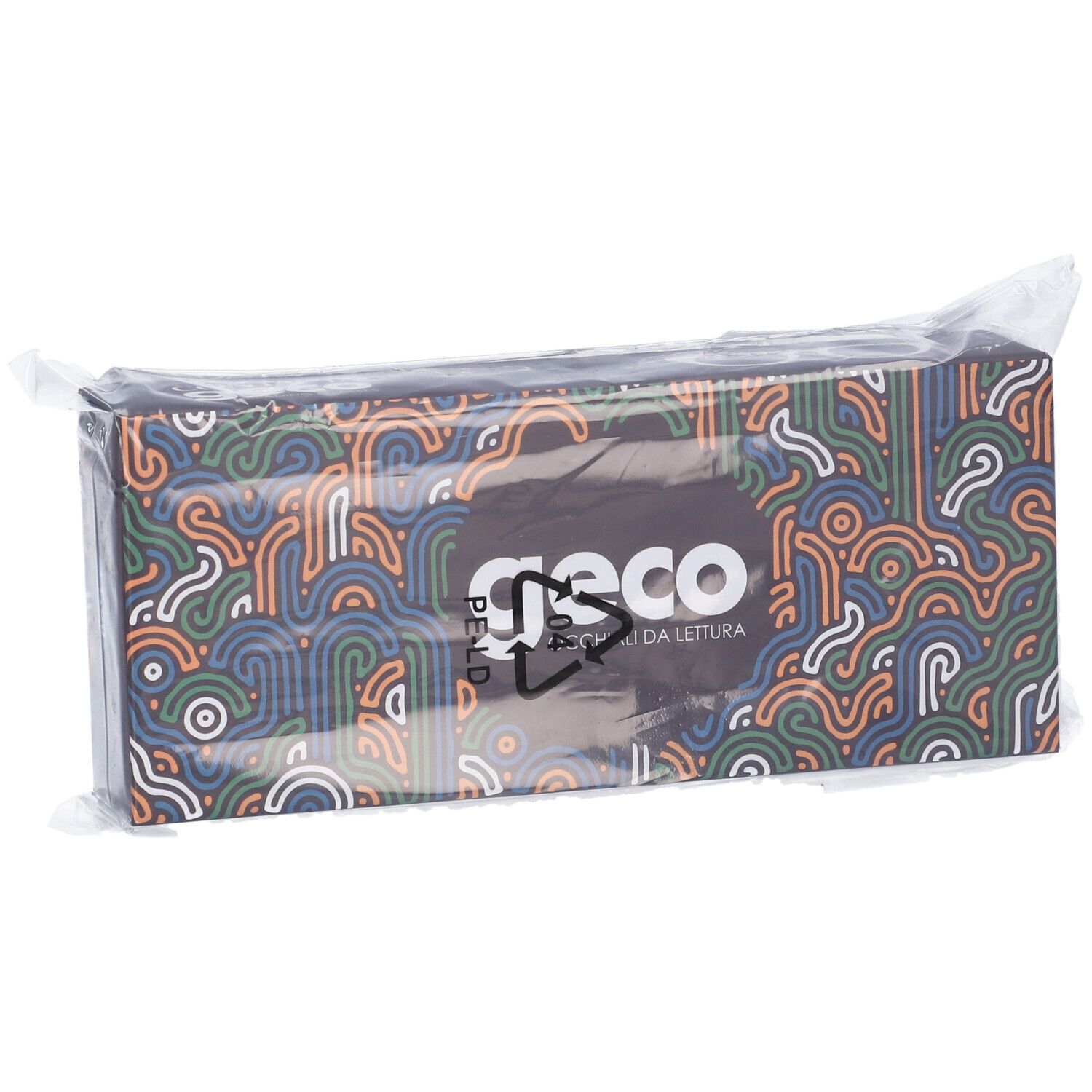 Confezione Geco con motivo colorato. Imballaggio in plastica trasparente. Scritta "Geco Occhiali da lettura".