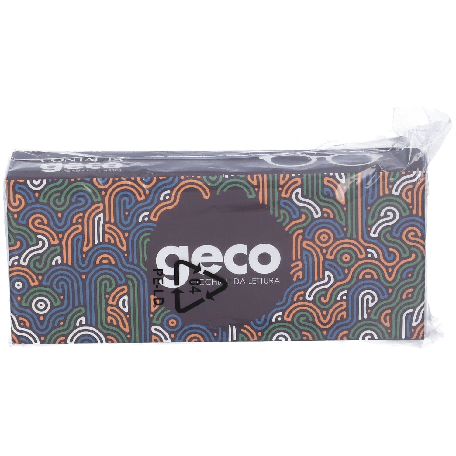 Confezione di lenti a contatto. Scatola rettangolare con motivo colorato e logo "geco". Imballata in plastica.