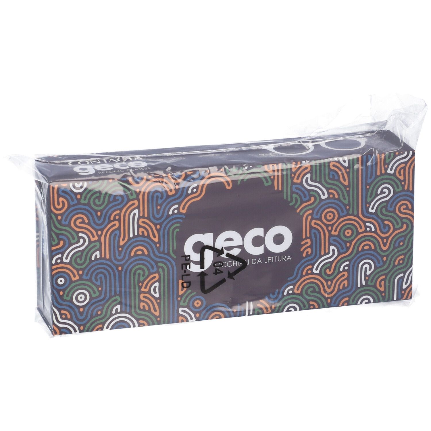 Confezione di lenti a contatto. Scatola rettangolare con motivo colorato e logo "geco". Imballata in plastica.