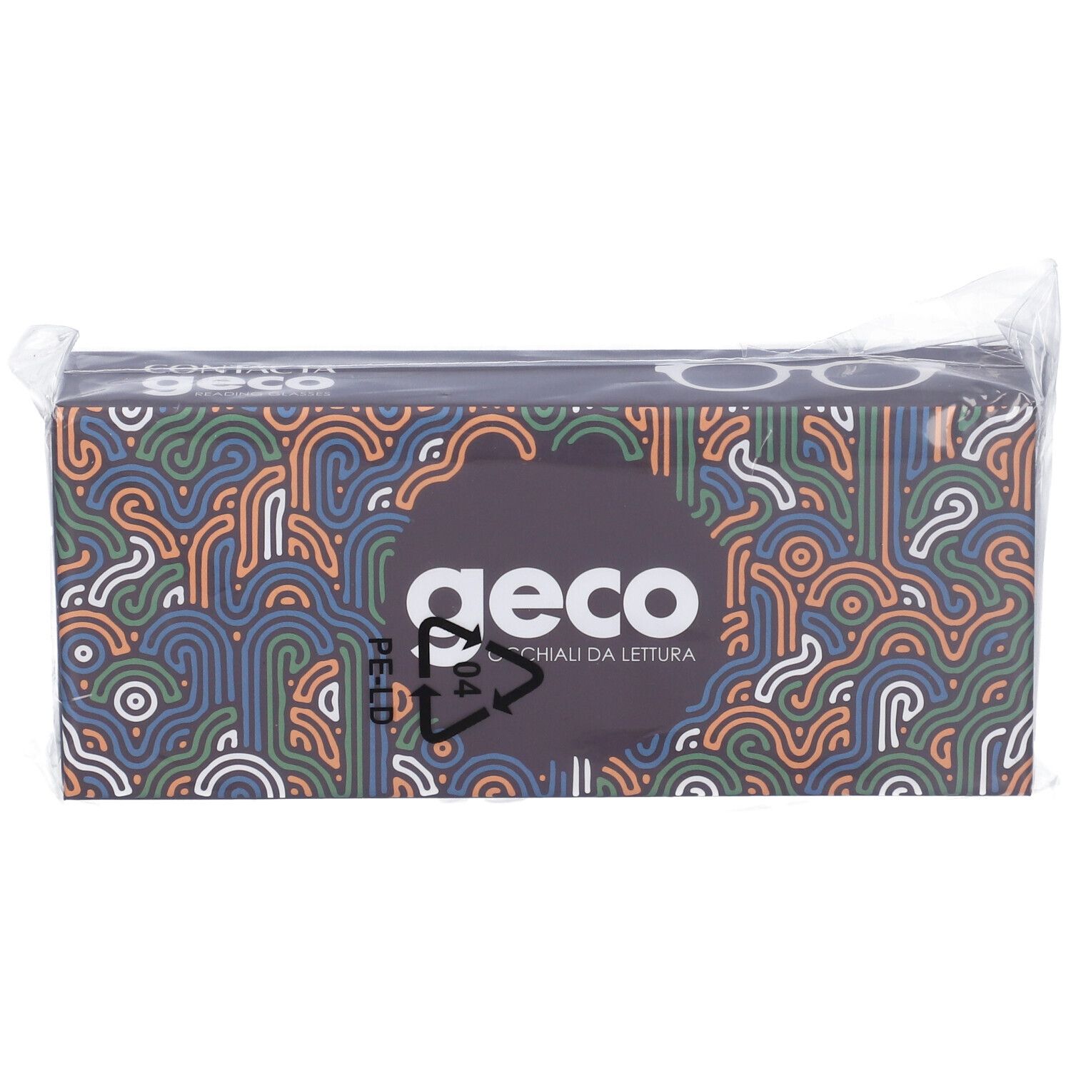 Confezione di occhiali da lettura "geco". Scatola rettangolare con motivo colorato, avvolta in plastica trasparente.