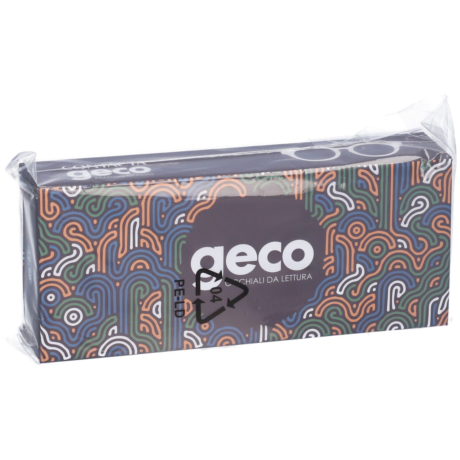Confezione di occhiali da lettura "geco". Scatola rettangolare con motivo colorato, avvolta in plastica trasparente.