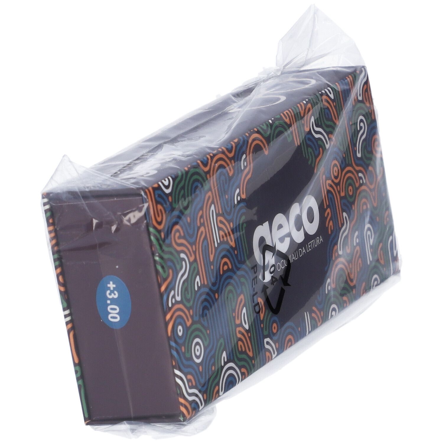 Confezione di Occhiale Contacta Geco. Scatola in plastica trasparente. Adesivo +3,00. Logo e motivi colorati.