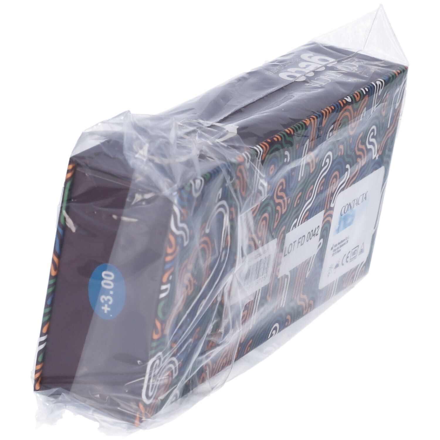 Confezione di Occhiale Contacta Geco. Scatola in plastica trasparente. Adesivo +3,00 e numero di lotto.