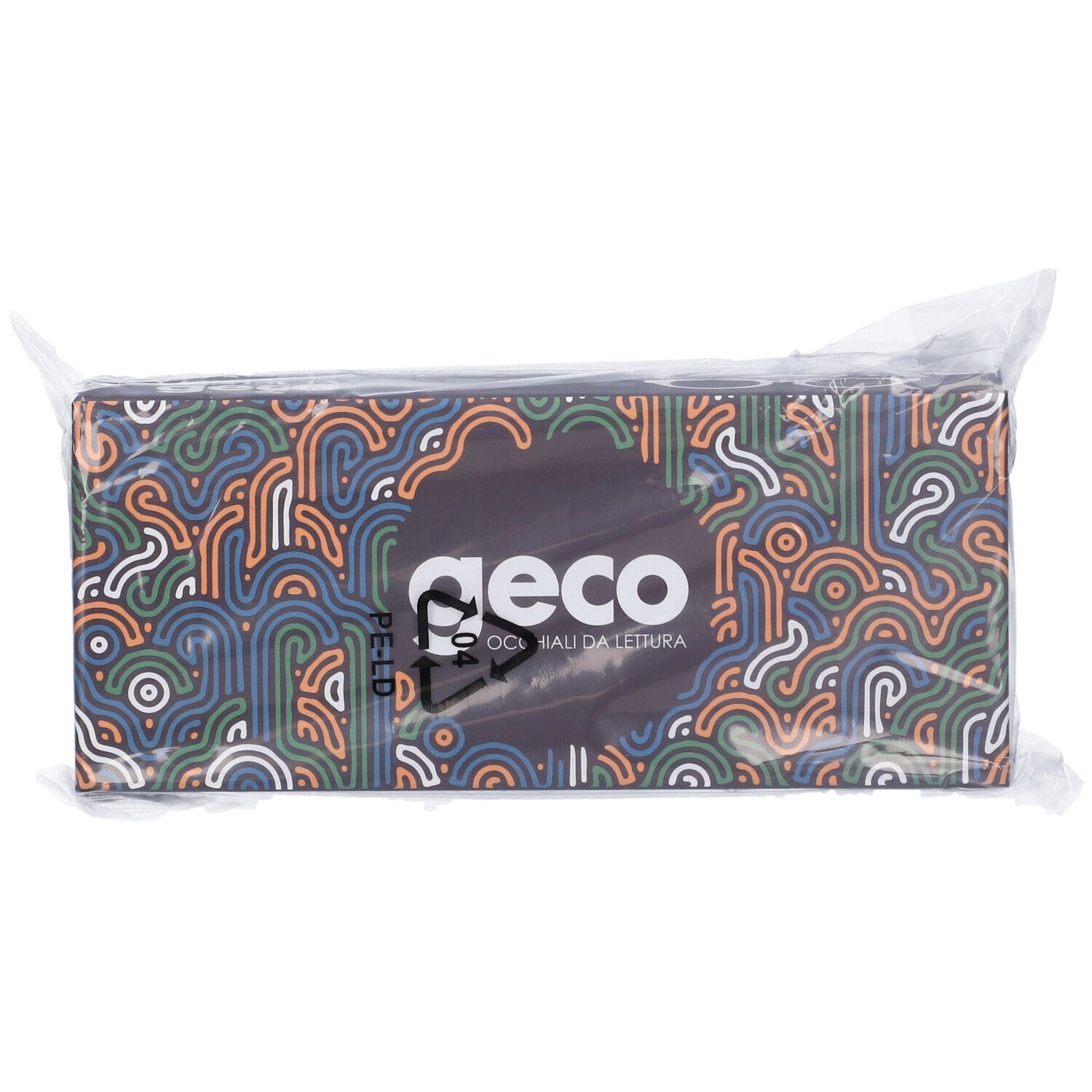 Confezione di Occhiale Contacta Geco. Scatola rettangolare in plastica trasparente. Logo e motivi colorati.