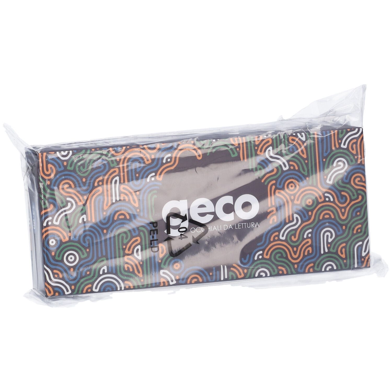 Confezione di Occhiale Contacta Geco. Scatola rettangolare in plastica trasparente. Logo e motivi colorati.