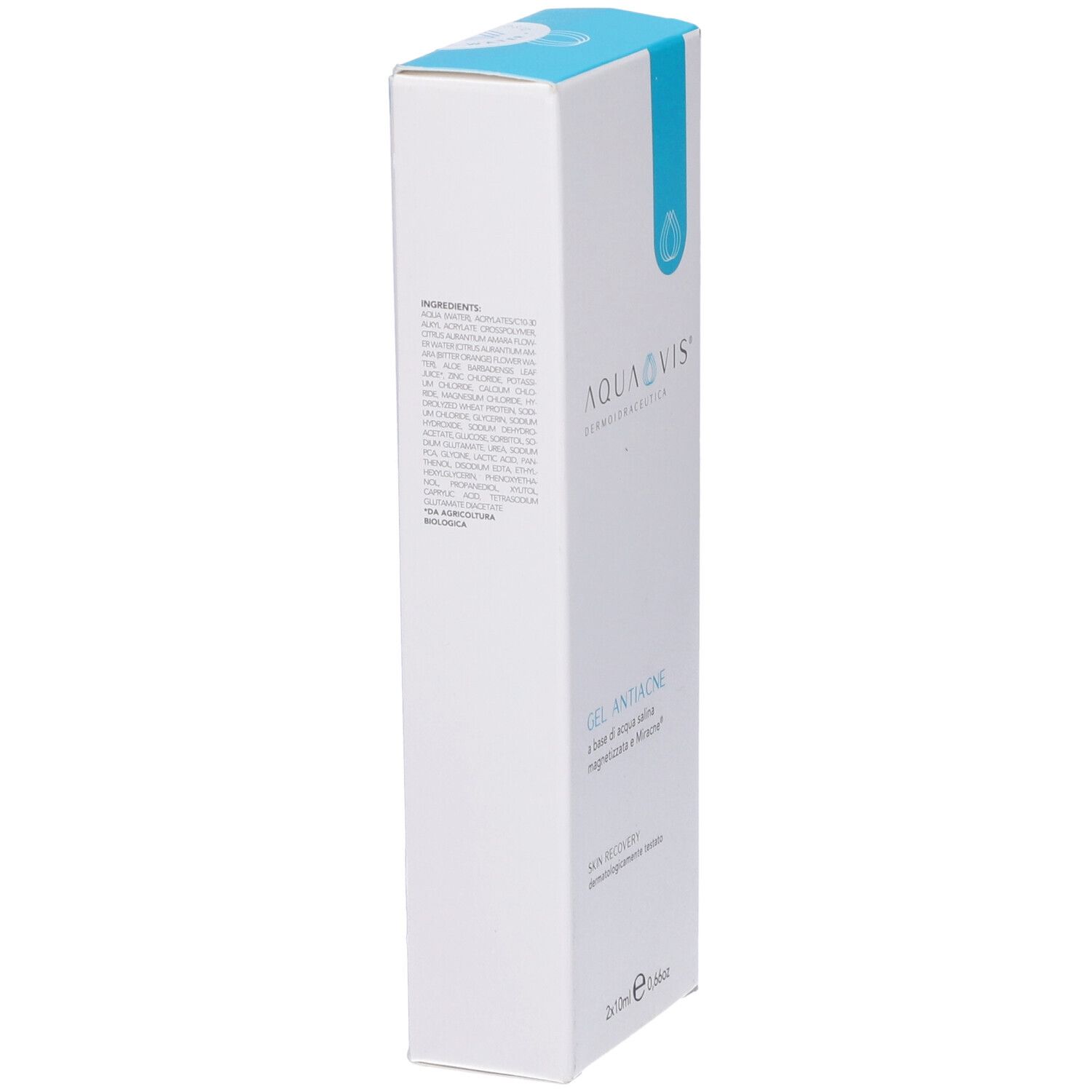 Confezione bianca con parte superiore blu. Testo: AQUAVIS, GEL ANTIACNE, ingredienti. Dermatologicamente testato.