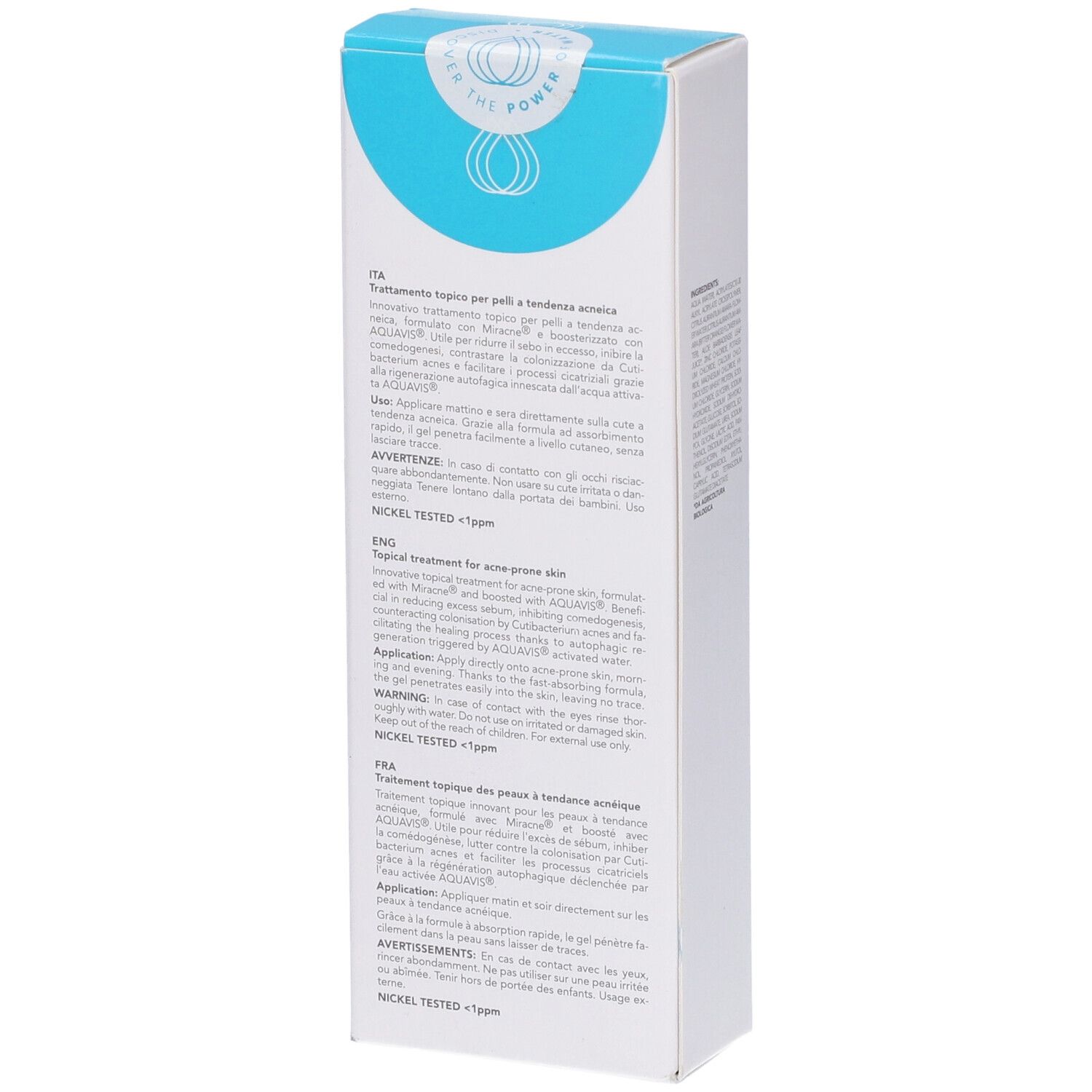 Confezione bianca con coperchio blu. Testo multilingue. Nichel testato.