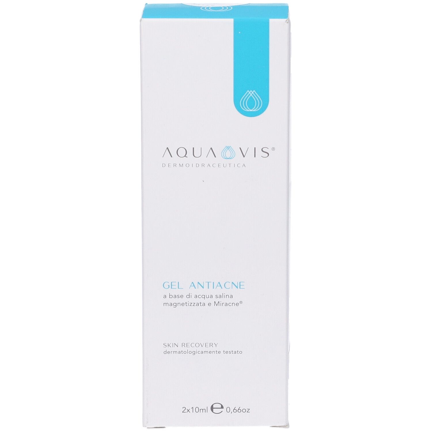 Confezione bianca con dettaglio blu. Scritta: AQUAVIS, GEL ANTIACNE, 2x10ml. Dermatologicamente testato.