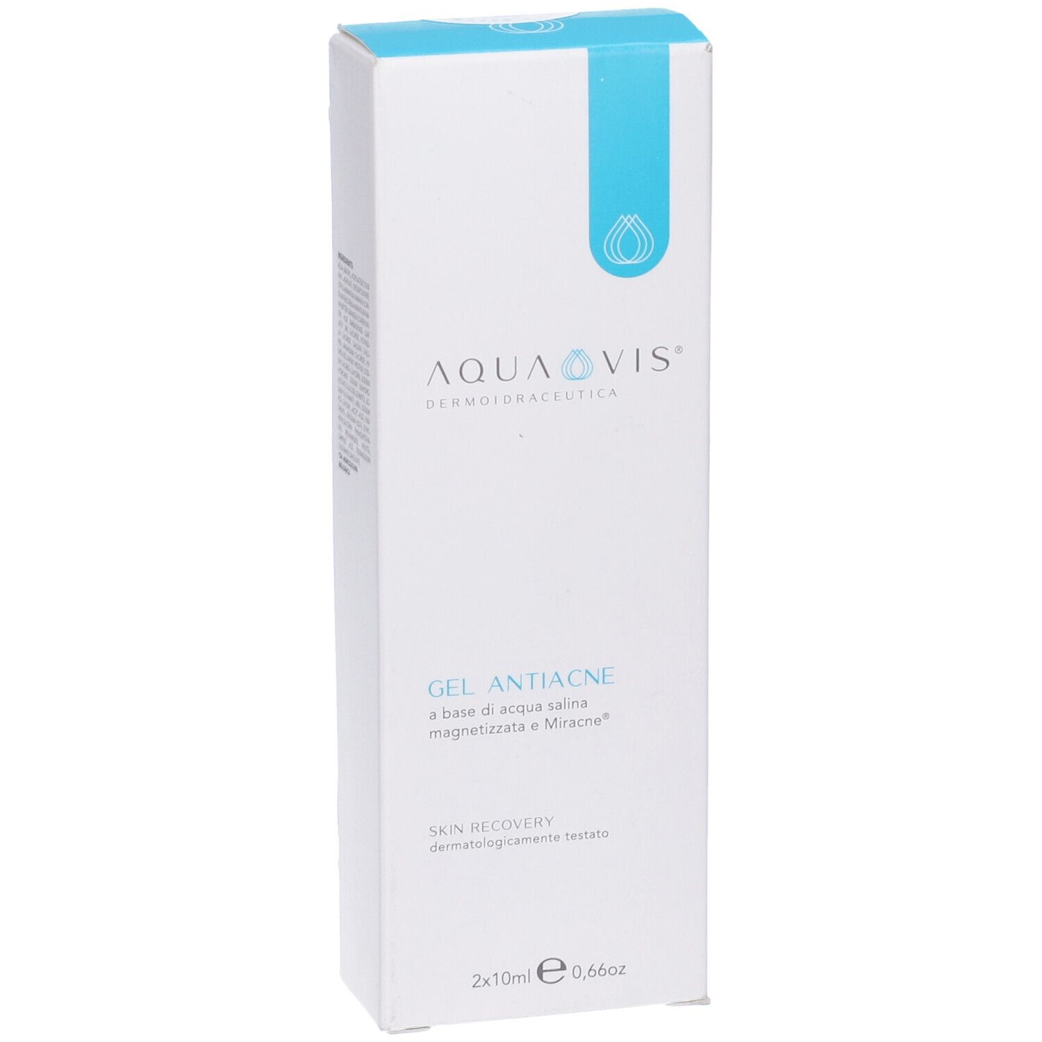 Confezione bianca con dettaglio blu. Scritta: AQUAVIS, GEL ANTIACNE, 2x10ml. Dermatologicamente testato.