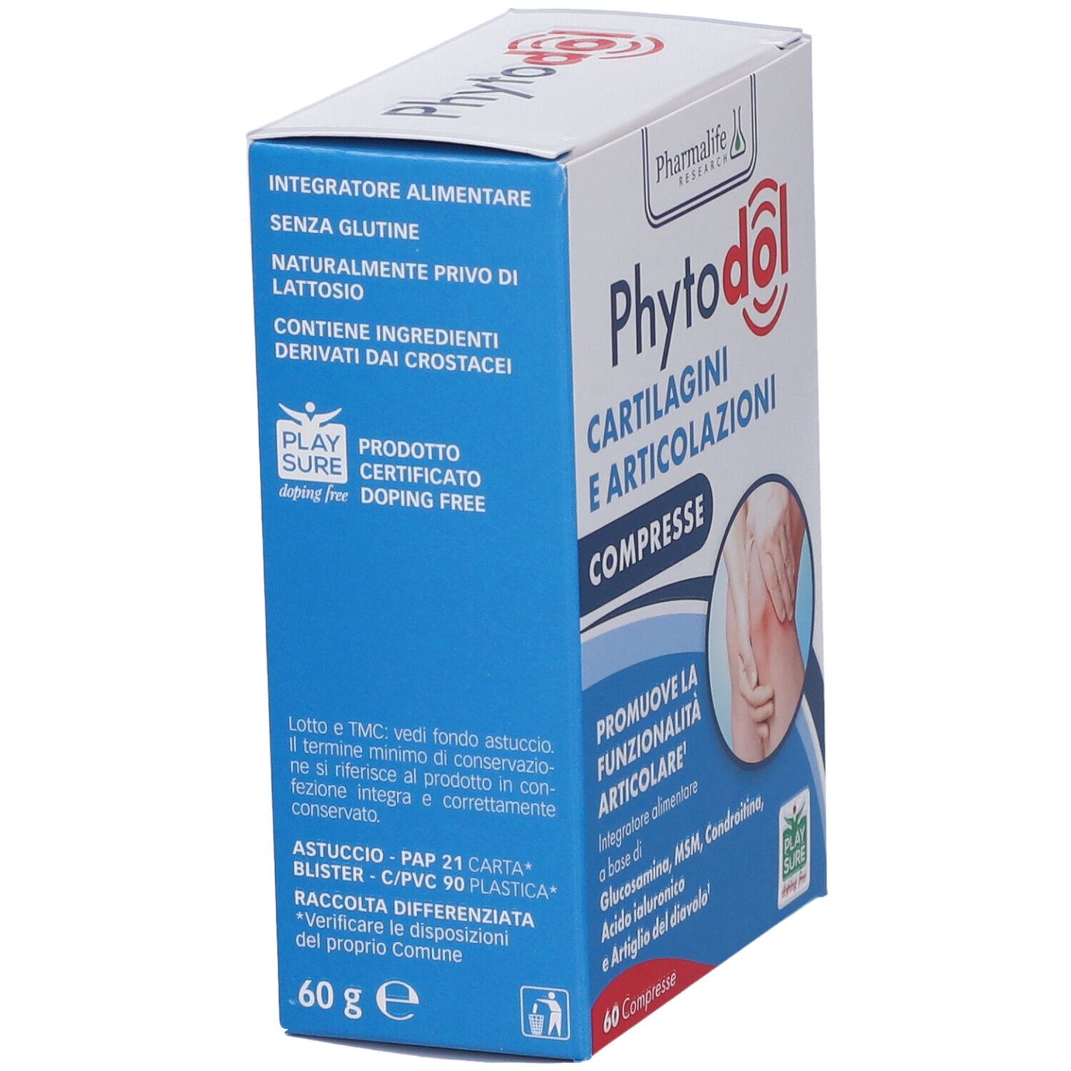 Scatola Phytodol, vista laterale. Testo: Integratore alimentare senza glutine. Senza lattosio. 60 g.