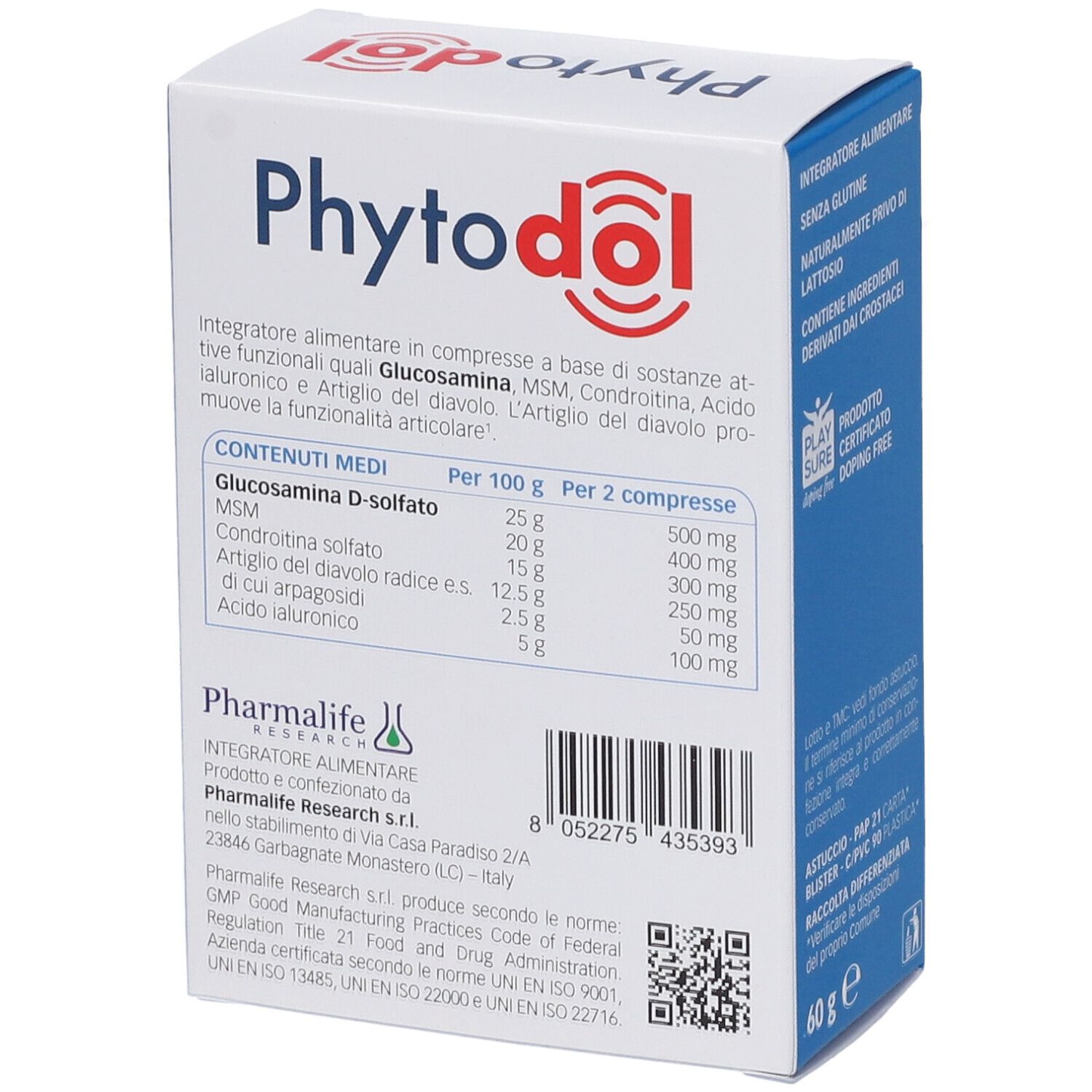Scatola Phytodol. Testo: Integratore alimentare. Contenuti medi per 100g e per 2 compresse. Marchio: Pharmlife Research.
