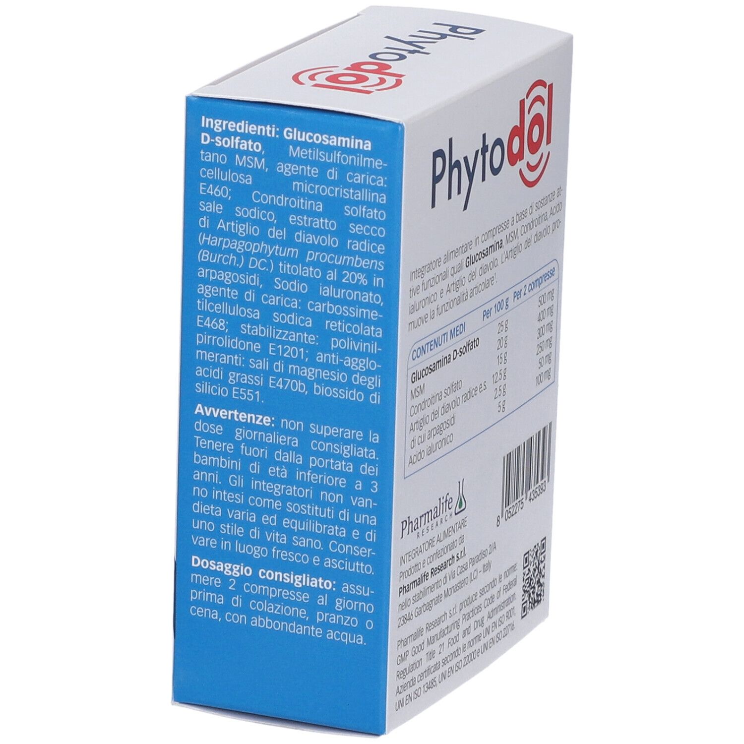 Scatola Phytodol. Elenco ingredienti. Testo: Dosaggio: 2 compresse. Marchio: Pharmlife Research.