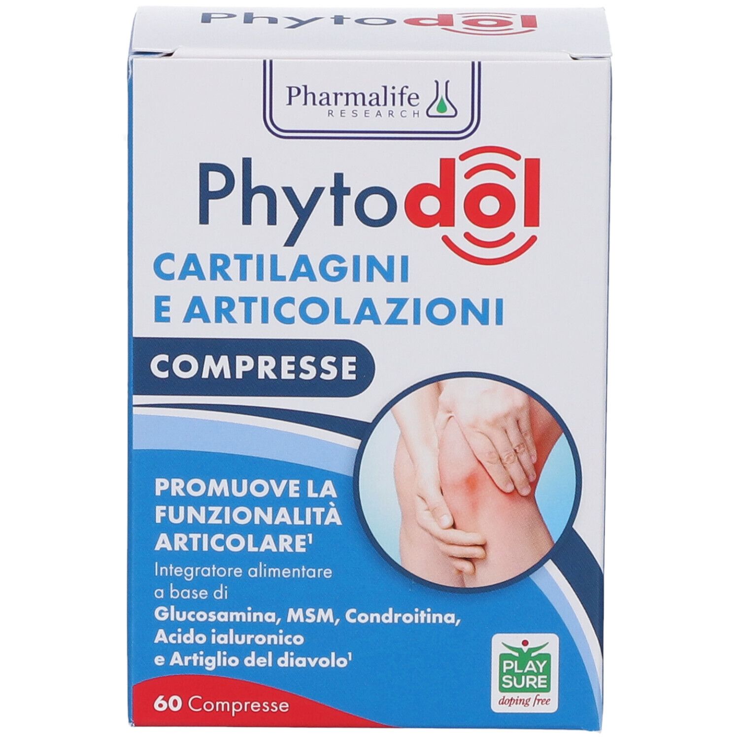 Scatola Phytodol. Scritto: Cartilagini e Articolazioni Compresse. Immagine di un ginocchio. 60 compresse.