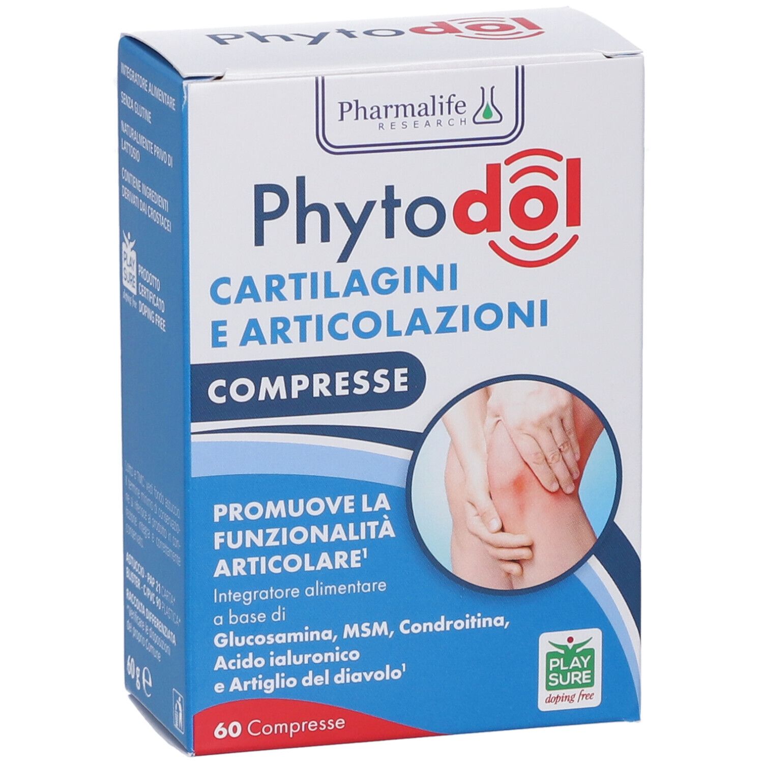 Scatola Phytodol. Scritto: Cartilagini e Articolazioni Compresse. Immagine di un ginocchio. 60 compresse.