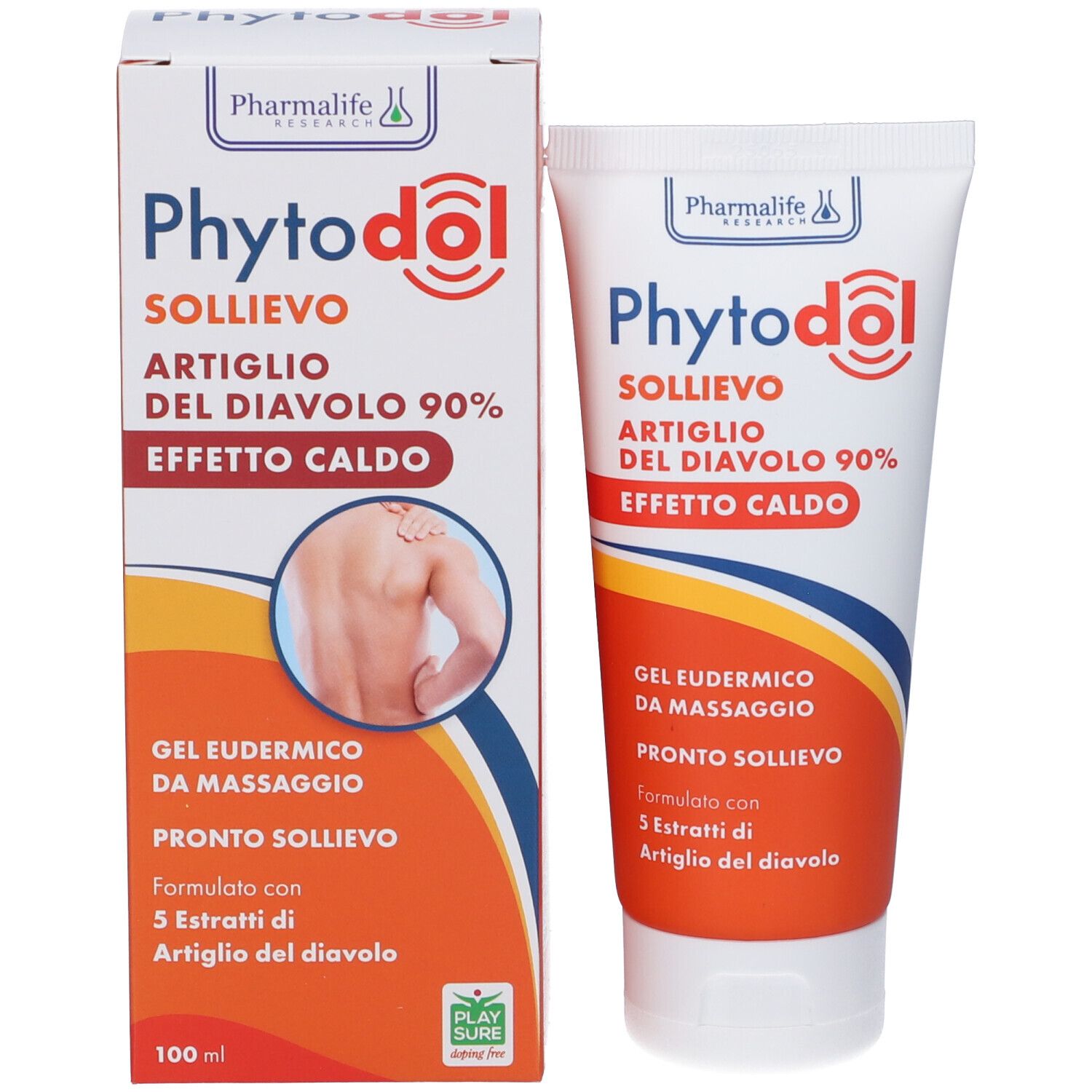 Confezione del prodotto con tubo e scatola. Entrambi mostrano nome del prodotto e informazioni. Immagine di una schiena.