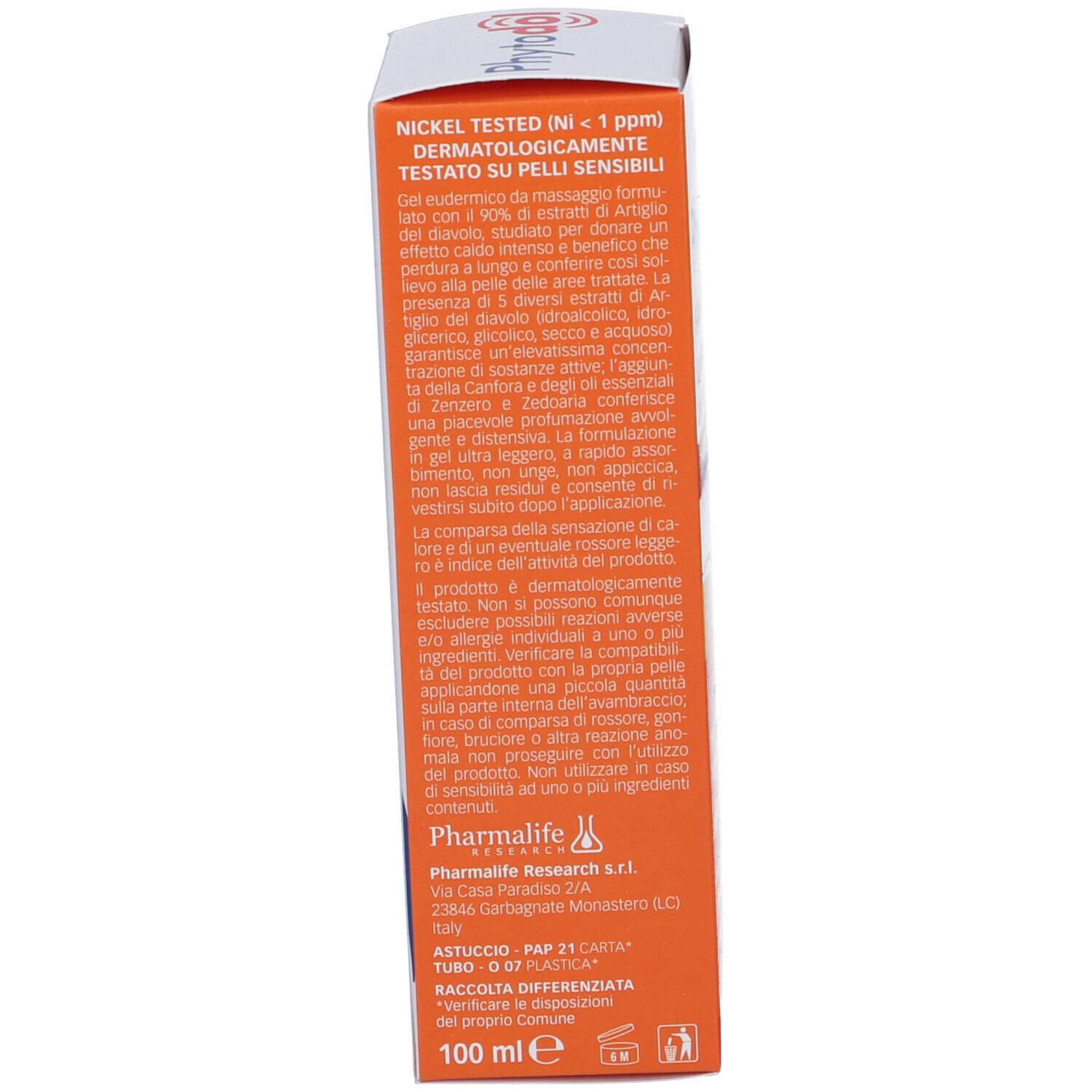 Vista laterale della confezione del prodotto. Testo su ingredienti e uso. Testato al nichel. 100 ml.