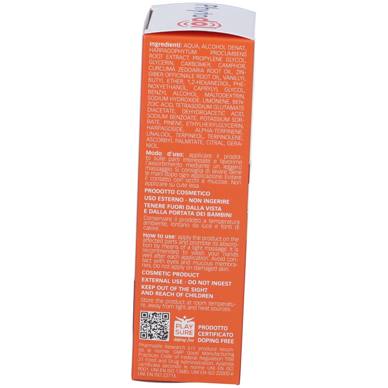 Retro della confezione del prodotto. Testo su ingredienti e uso. Contiene codice QR e certificazione.