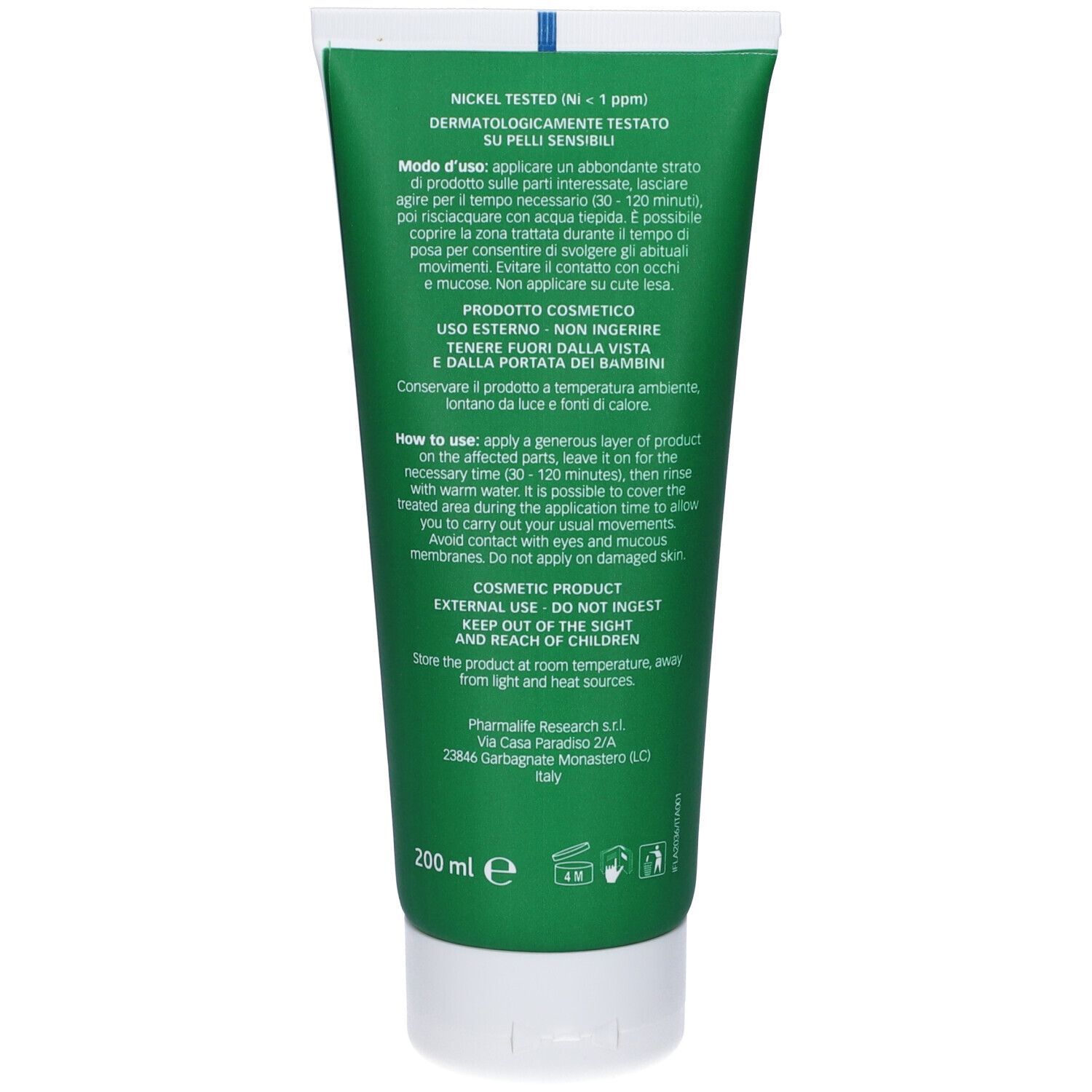 Retro del tubo. Testo verde su sfondo bianco. Contiene informazioni e istruzioni.