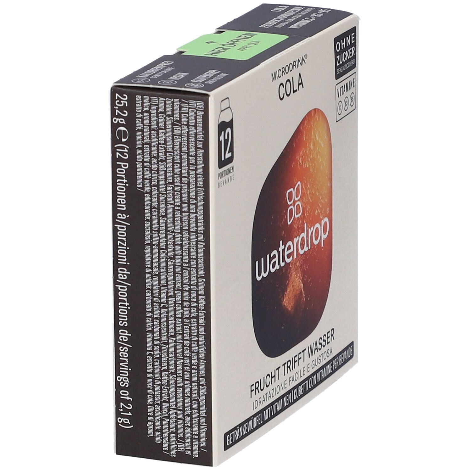 Vista laterale della confezione WATERDROP MICRODRINK COLA. Contiene 12 porzioni. Testo: Frutta incontra l'acqua. Ingredienti e valori nutrizionali.