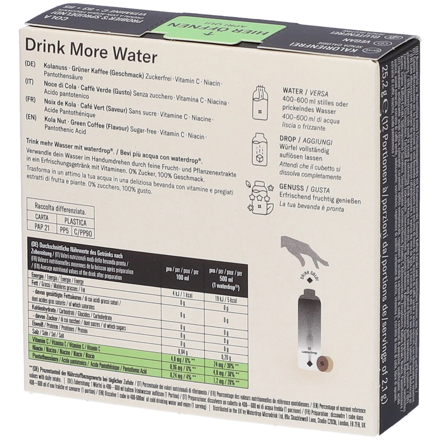 Retro della confezione WATERDROP MICRODRINK COLA. Istruzioni per la preparazione. Informazioni nutrizionali e ingredienti.