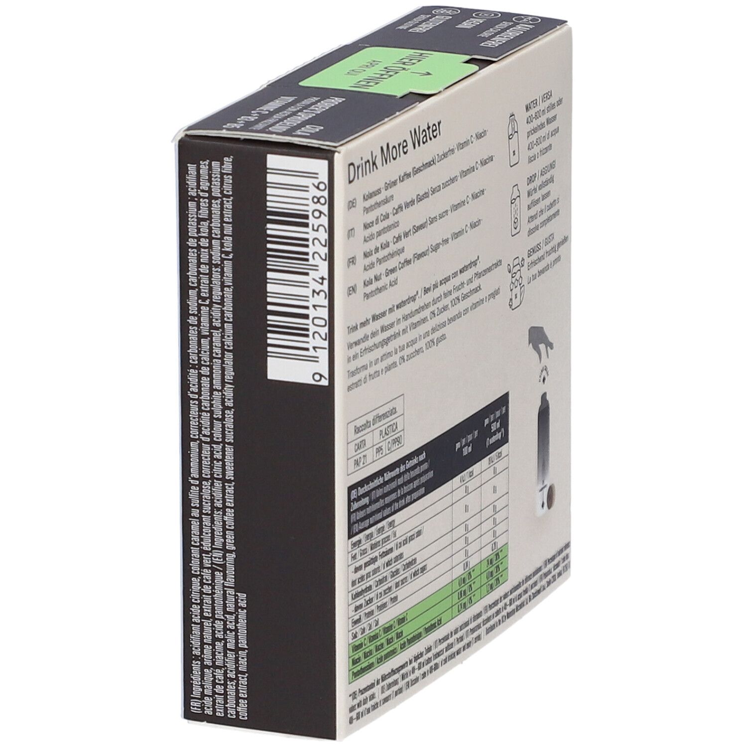 Vista laterale della confezione WATERDROP MICRODRINK COLA. Contiene informazioni nutrizionali e ingredienti. Testo: Drink More Water.
