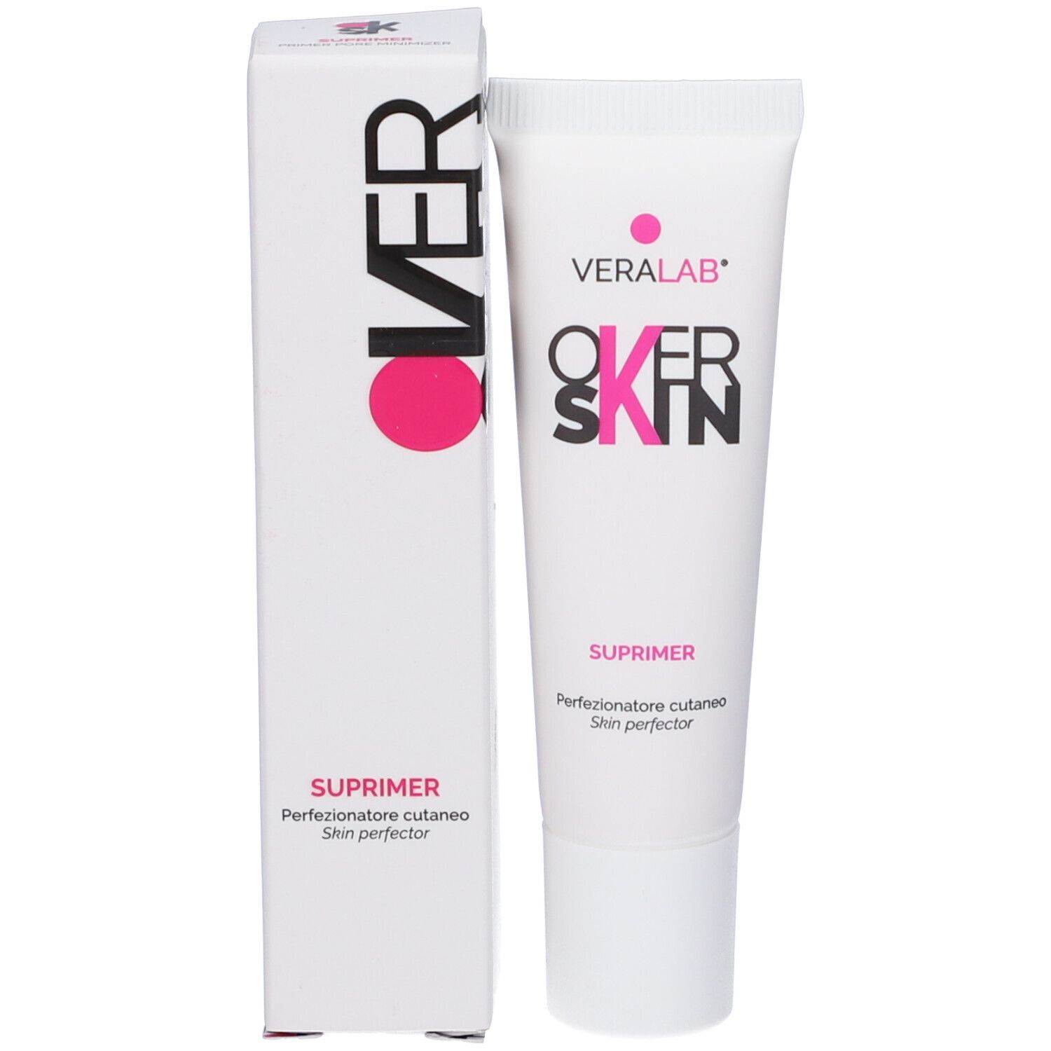 Tubo bianco e scatola con logo Veralab e scritta Overskin. Nome prodotto: Suprimer. Testo: Skin perfector.