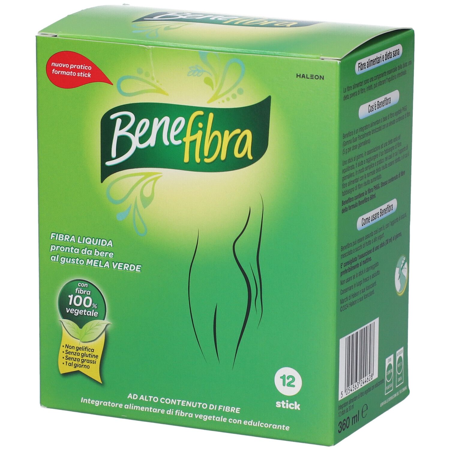 Scatola verde "Benefibra". 12 stick. Testo: "Fibra liquida, pronta da bere, gusto mela verde".