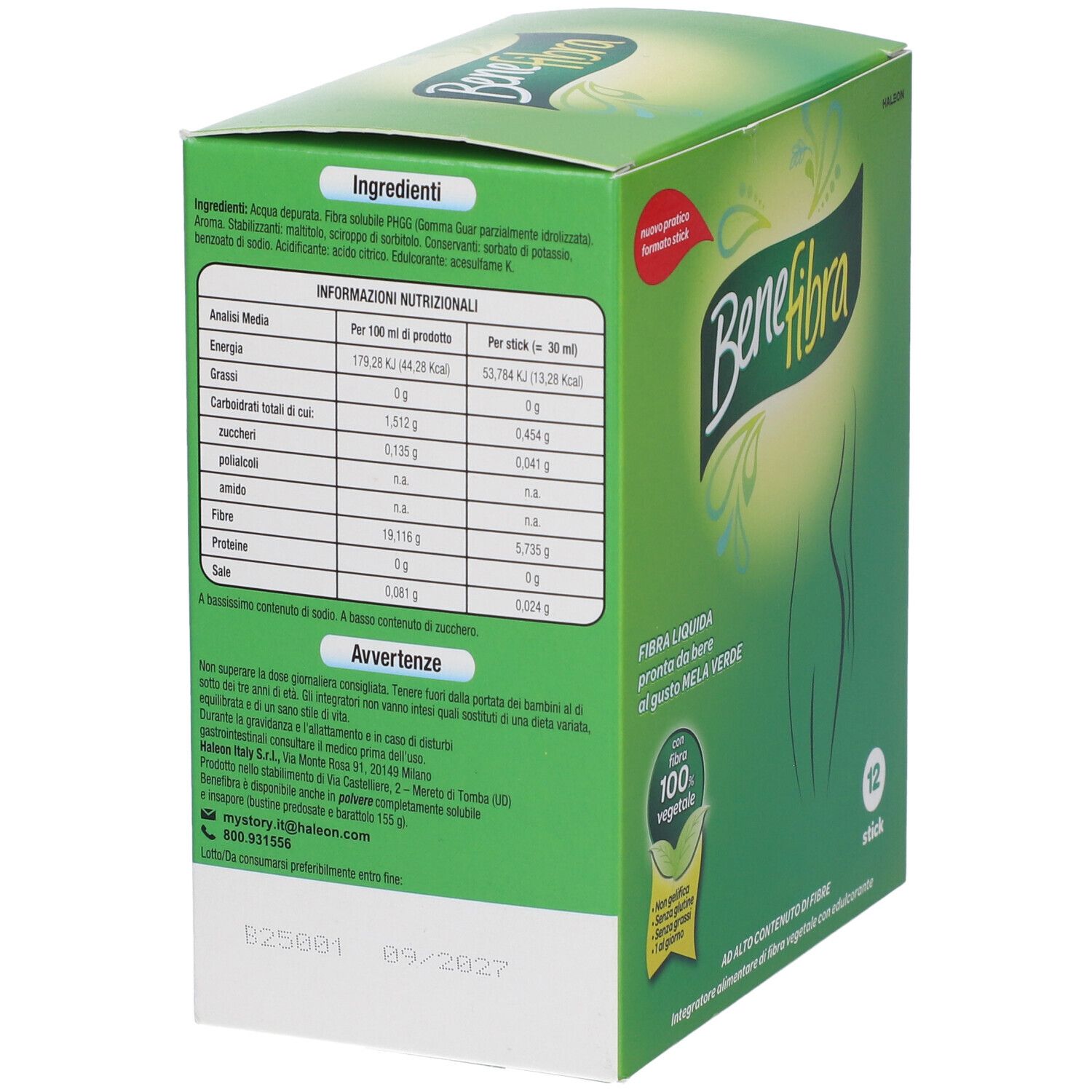 Retro della scatola verde "Benefibra". Contiene informazioni nutrizionali e ingredienti.