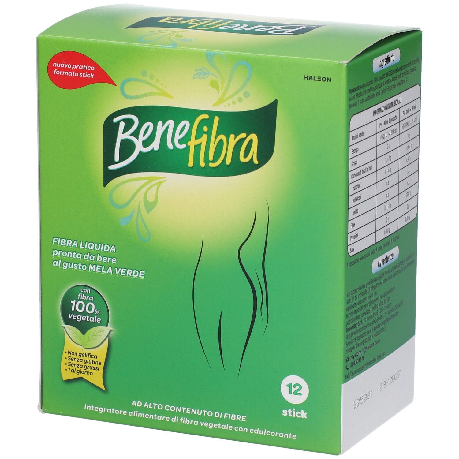 Scatola verde "Benefibra". 12 stick. Testo: "Fibra liquida, pronta da bere, gusto mela verde".