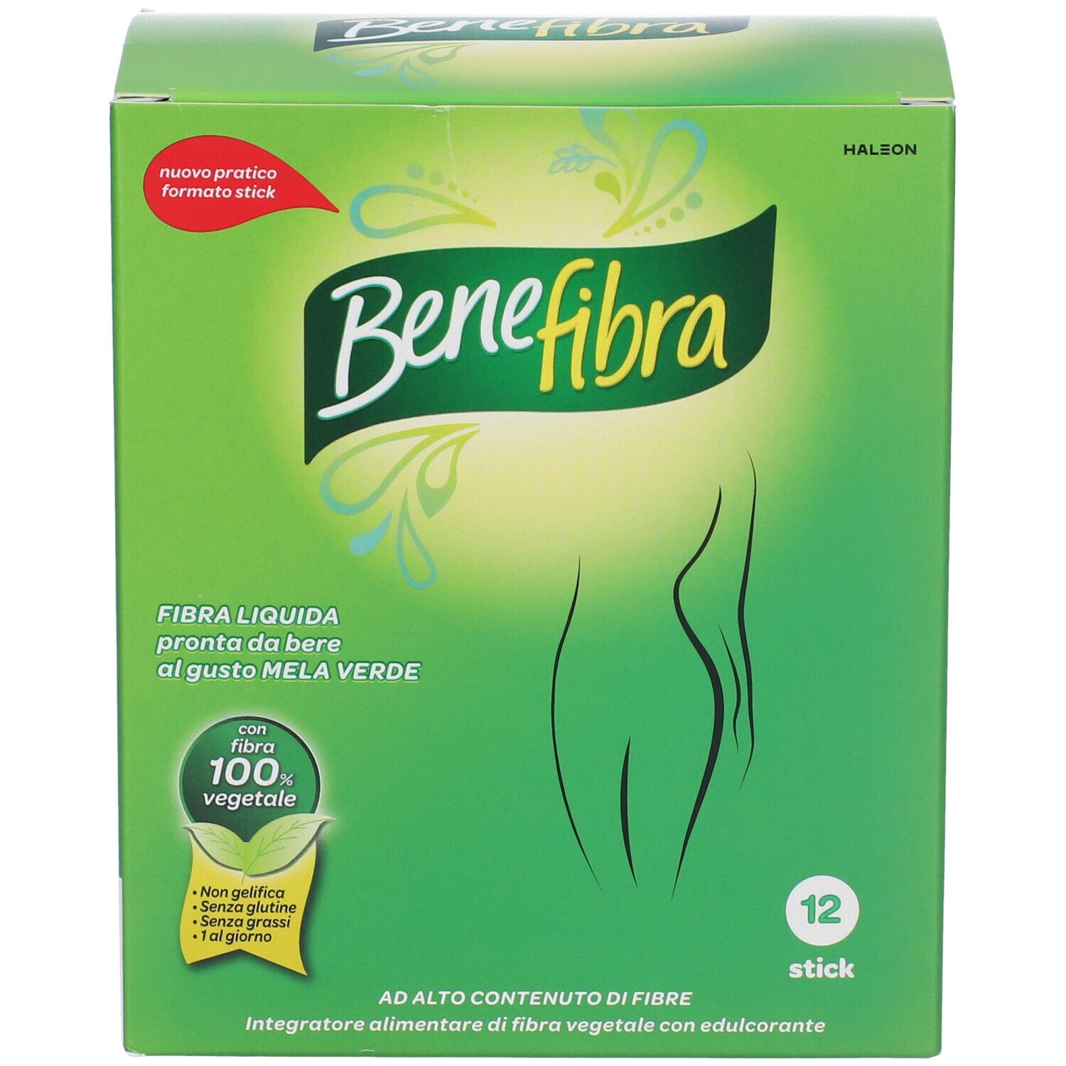 Scatola verde "Benefibra". 12 stick. Testo: "Fibra liquida, pronta da bere, gusto mela verde".