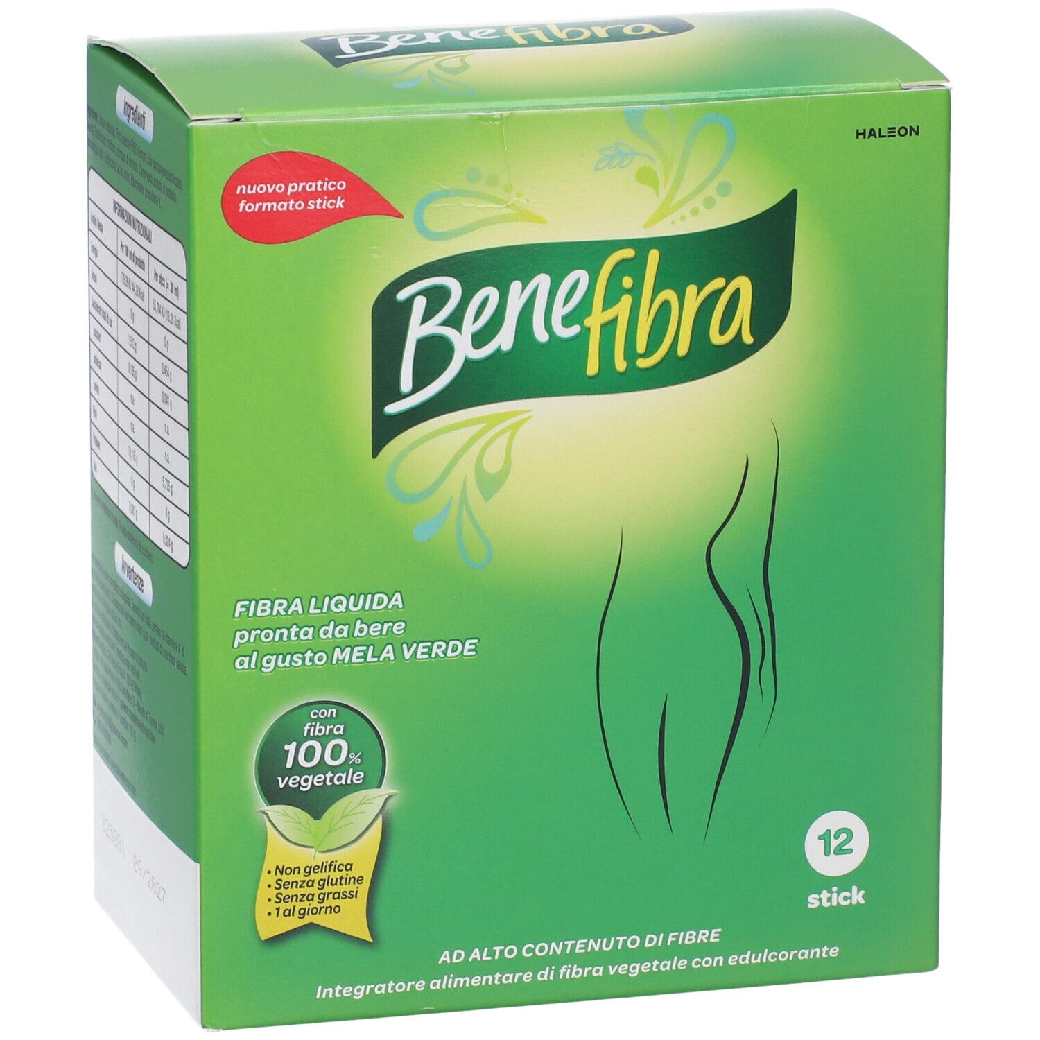 Scatola verde "Benefibra". 12 stick. Testo: "Fibra liquida, pronta da bere, gusto mela verde".