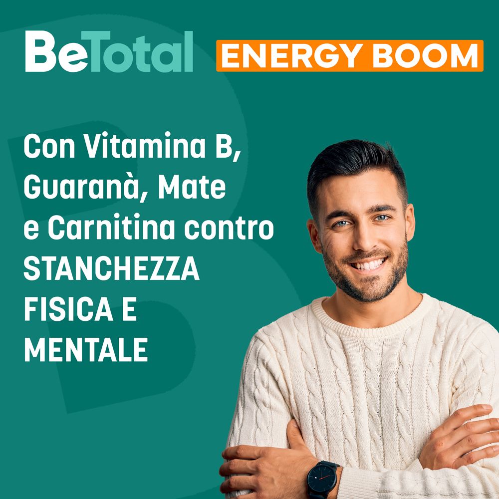 Uomo sorridente. Testo: Con Vitamina B, Guaranà, Mate e Carnitina contro stanchezza fisica e mentale.